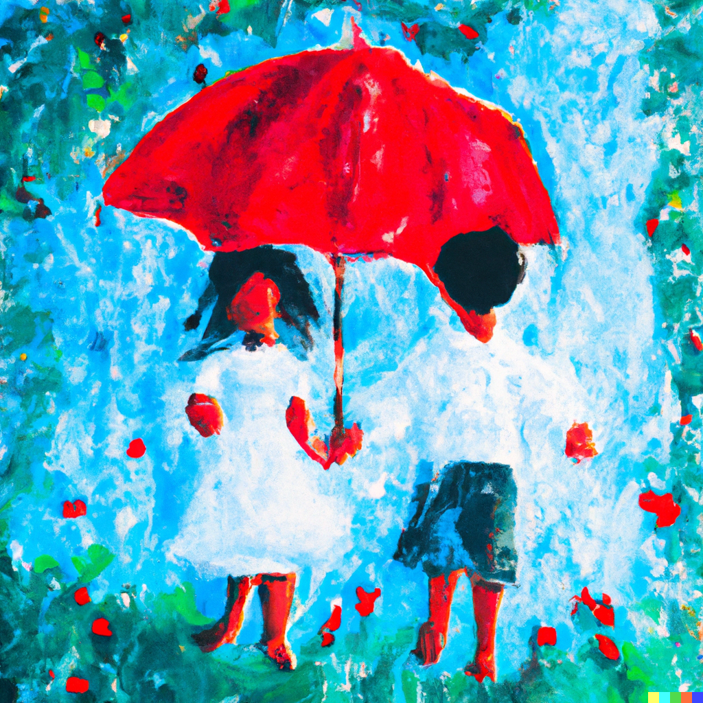 An artistic painting of two children walking in the rain holding an umbrella, surrounded by scattered red flower petals, with a vibrant blue and green background.