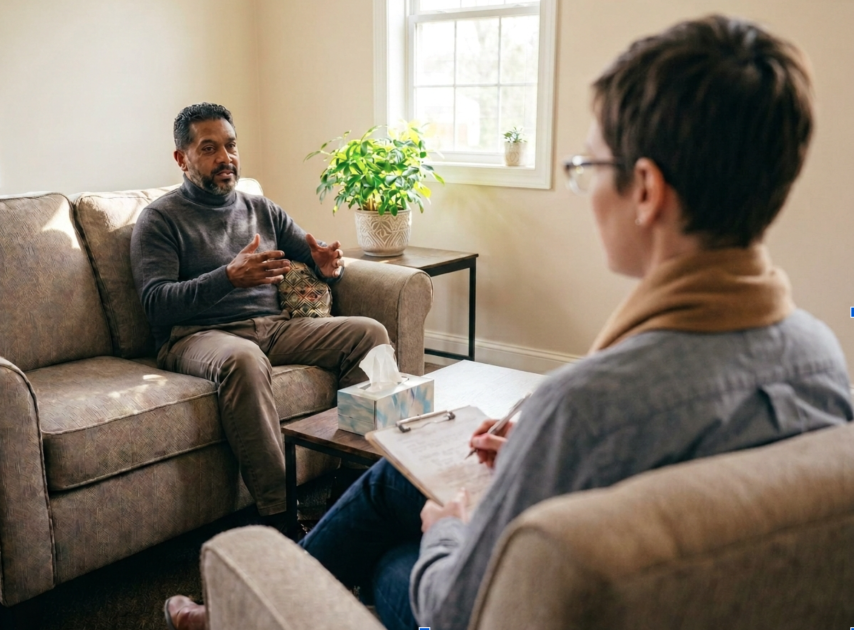 A man and a woman having a conversation in a cozy living room. The man is sitting on a couch, gesturing with his hands, while the woman, taking notes on a clipboard, listens attentively. There is a window with sunlight coming through, a potted plant on a side table, a box of tissues on the coffee table, and a few small plants on the windowsill.