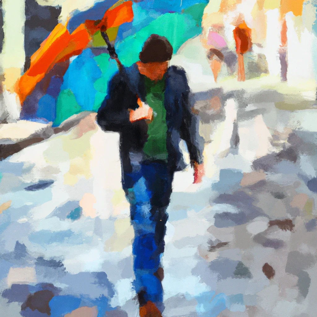 A person walking on a rainy street holding a multicolored umbrella.
