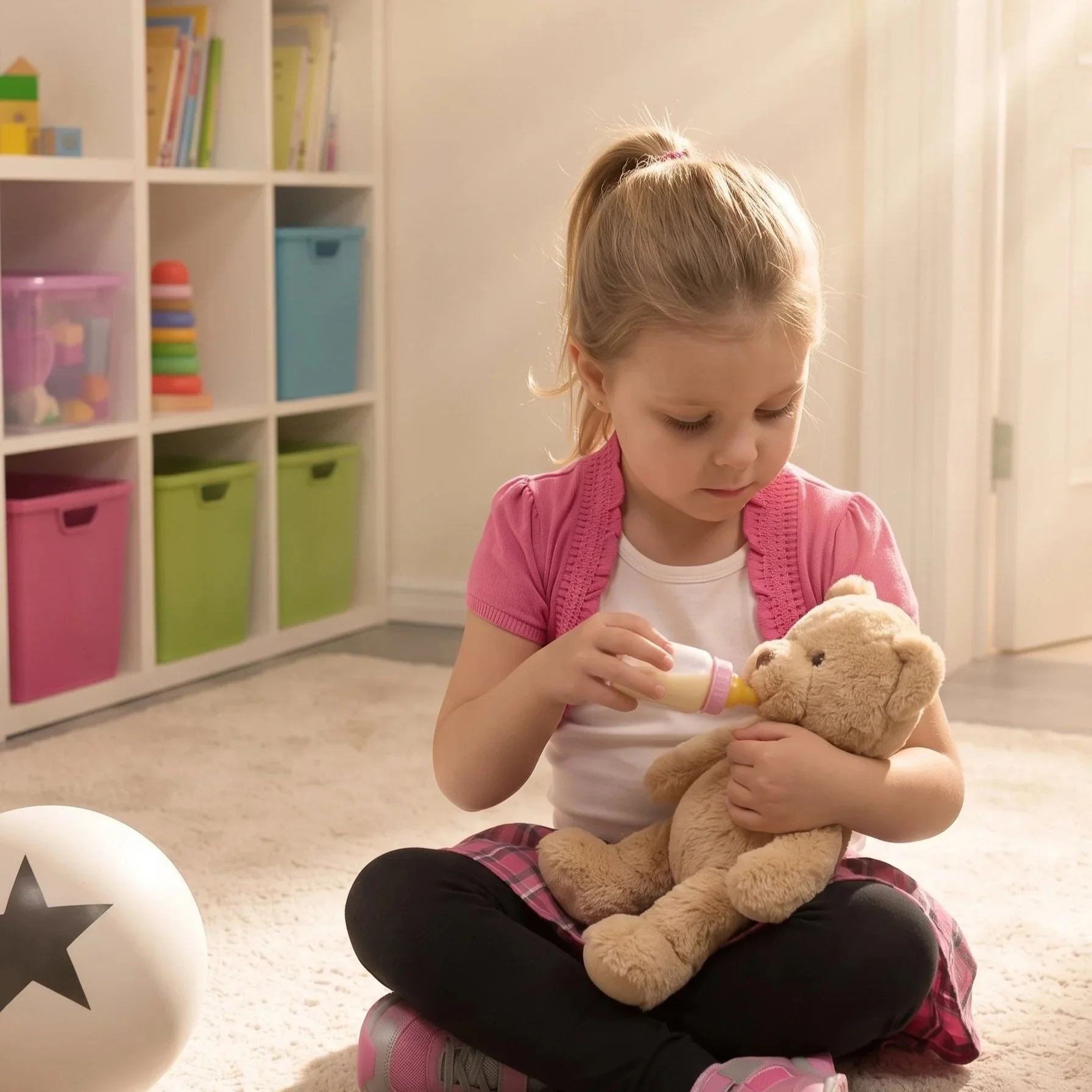 A young girl sitting on the floor, feeding a teddy bear with a baby bottle. She is wearing a pink cardigan, a white shirt, a plaid skirt, and pink shoes. Behind her, a bookshelf with colorful storage bins and books is visible, and the room is bright with natural light.