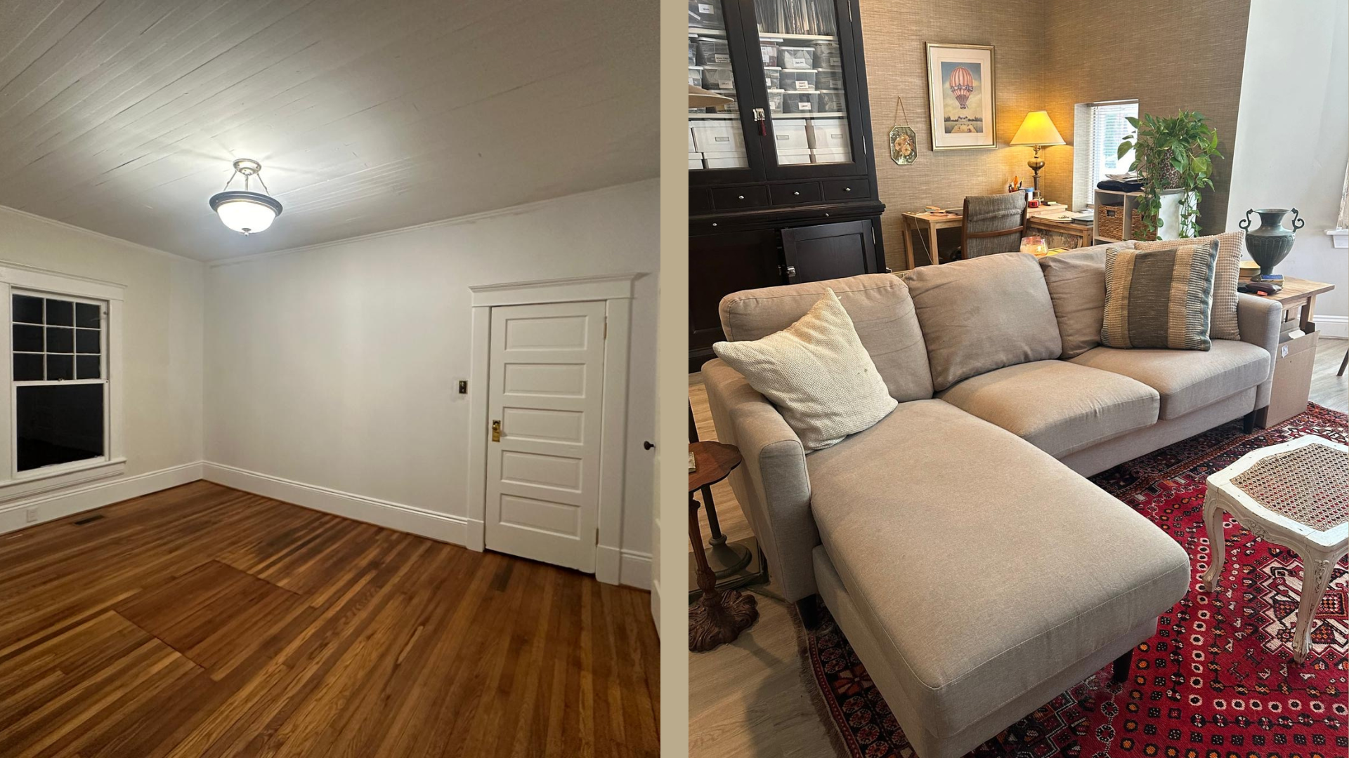 Split image showing an empty white room with beadboard ceiling and five-panel door on the left, contrasting with a furnished living space on the right