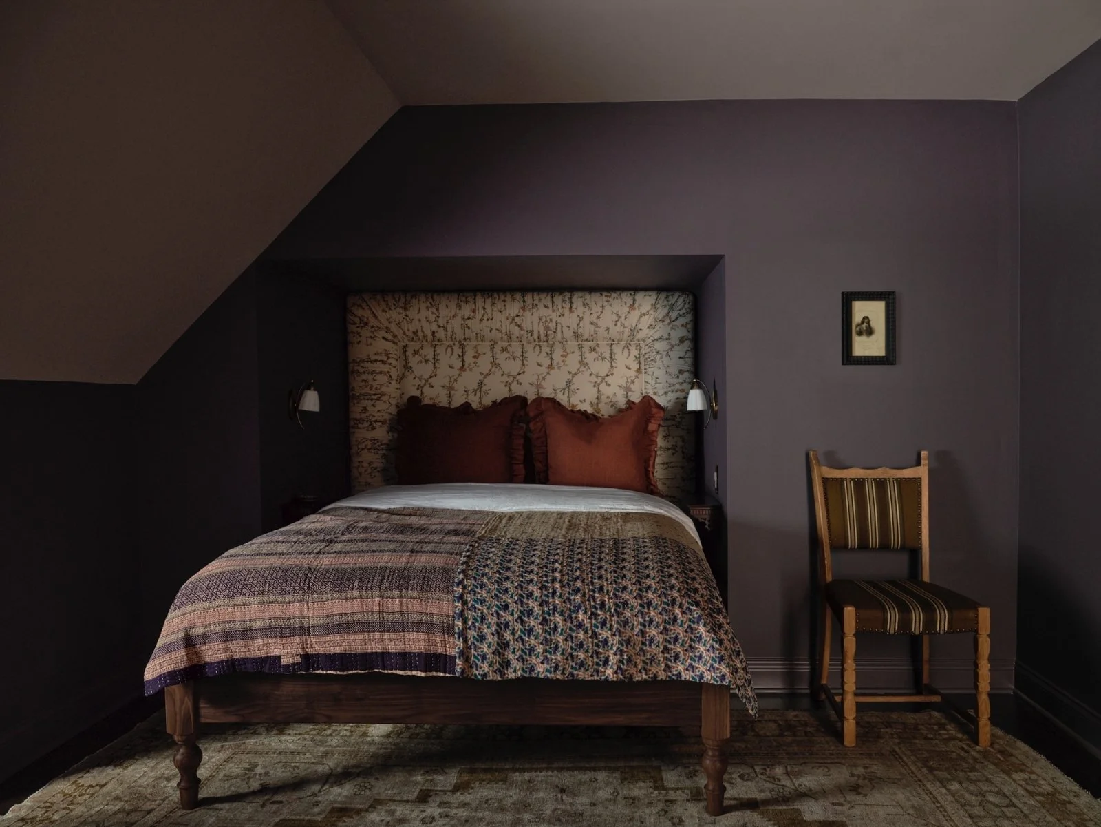 When designing for this River Forest pink Victorian home, I had so much space to play with color, pattern and texture. 

This guest suite in the attic had some fun angles to play with, as most attic spaces do, but we used them to our advantage to cre