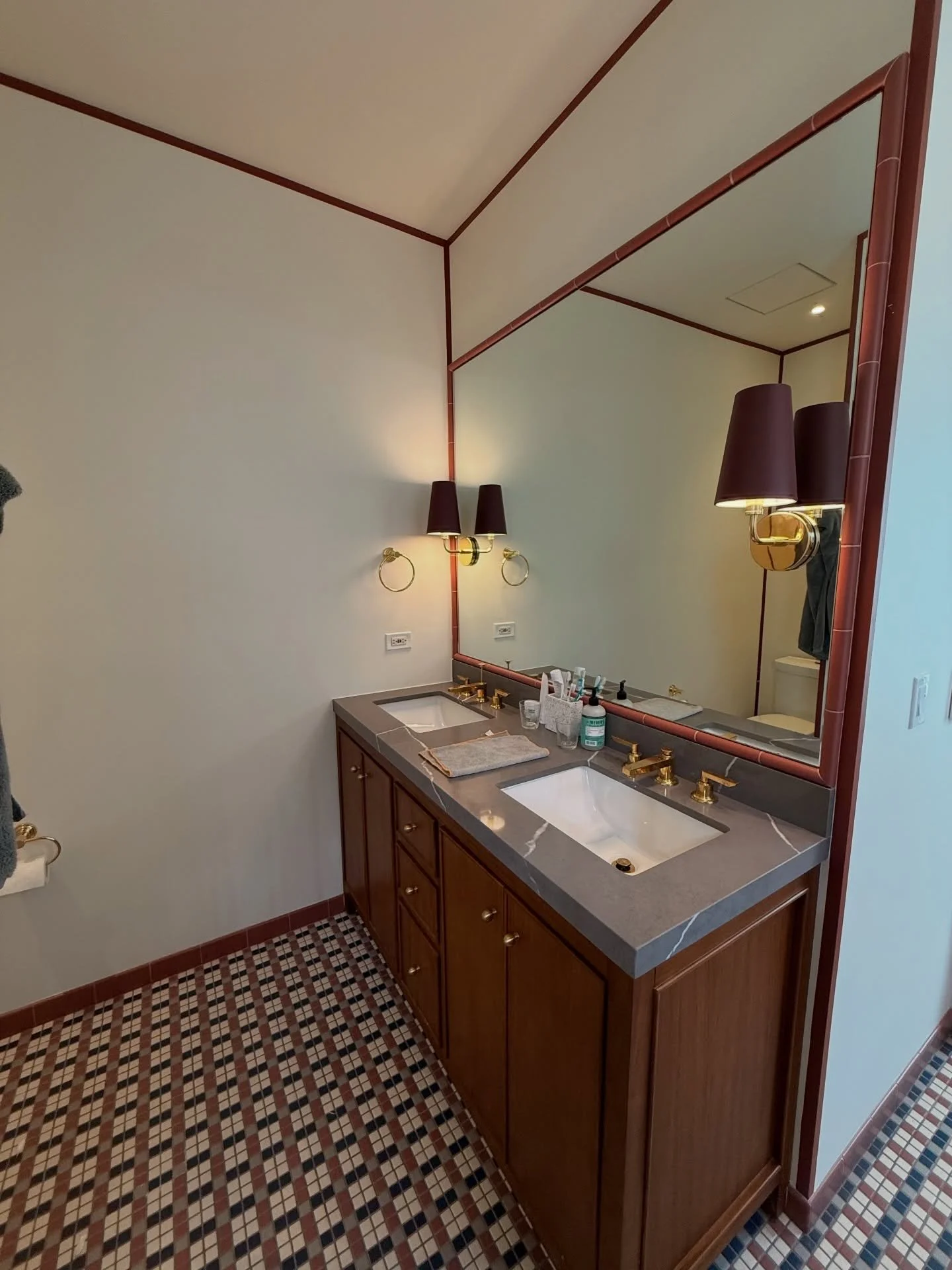 Unstyled iPhone shots are all I have of this bathroom, but it&rsquo;s still so good- I have to share! I&rsquo;m really happy with how we packed in the personality in this small-ish bathroom. This custom mosaic tile floor, the painted border around al