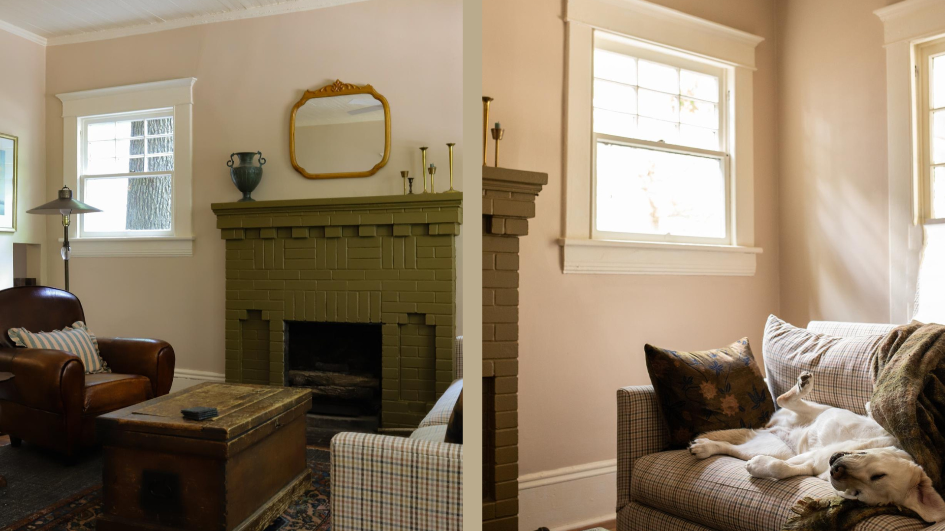 Cozy living room in 1930s Raleigh home featuring olive green painted brick fireplace, vintage gold-framed mirror, leather club chair, gingham upholstered seating, patterned vintage rug, and dog resting near window with natural light