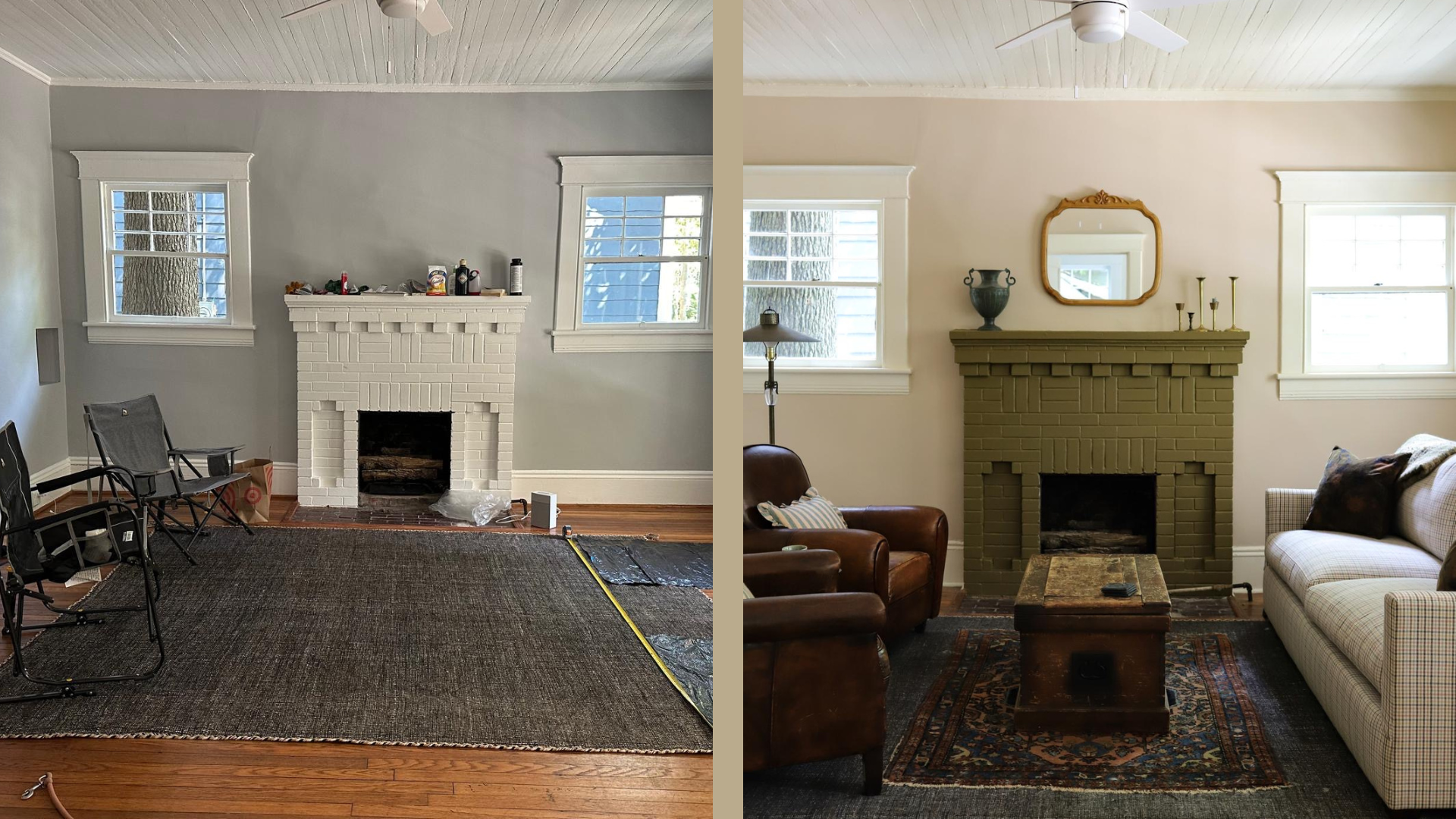 Before and after comparison of 1930s living room showing transformation from white painted brick fireplace to rich olive green fireplace, with addition of vintage mirror, leather furniture, gingham upholstery and patterned area rug