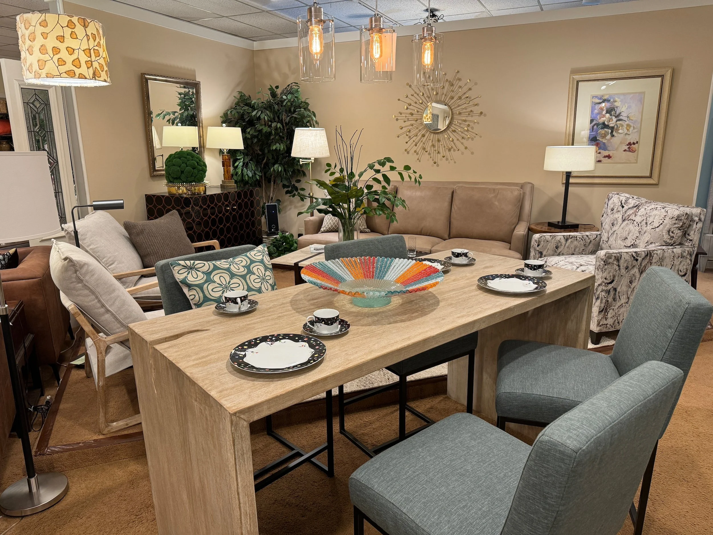 Photo of living room display inside Anchorage interior design store and studio.
