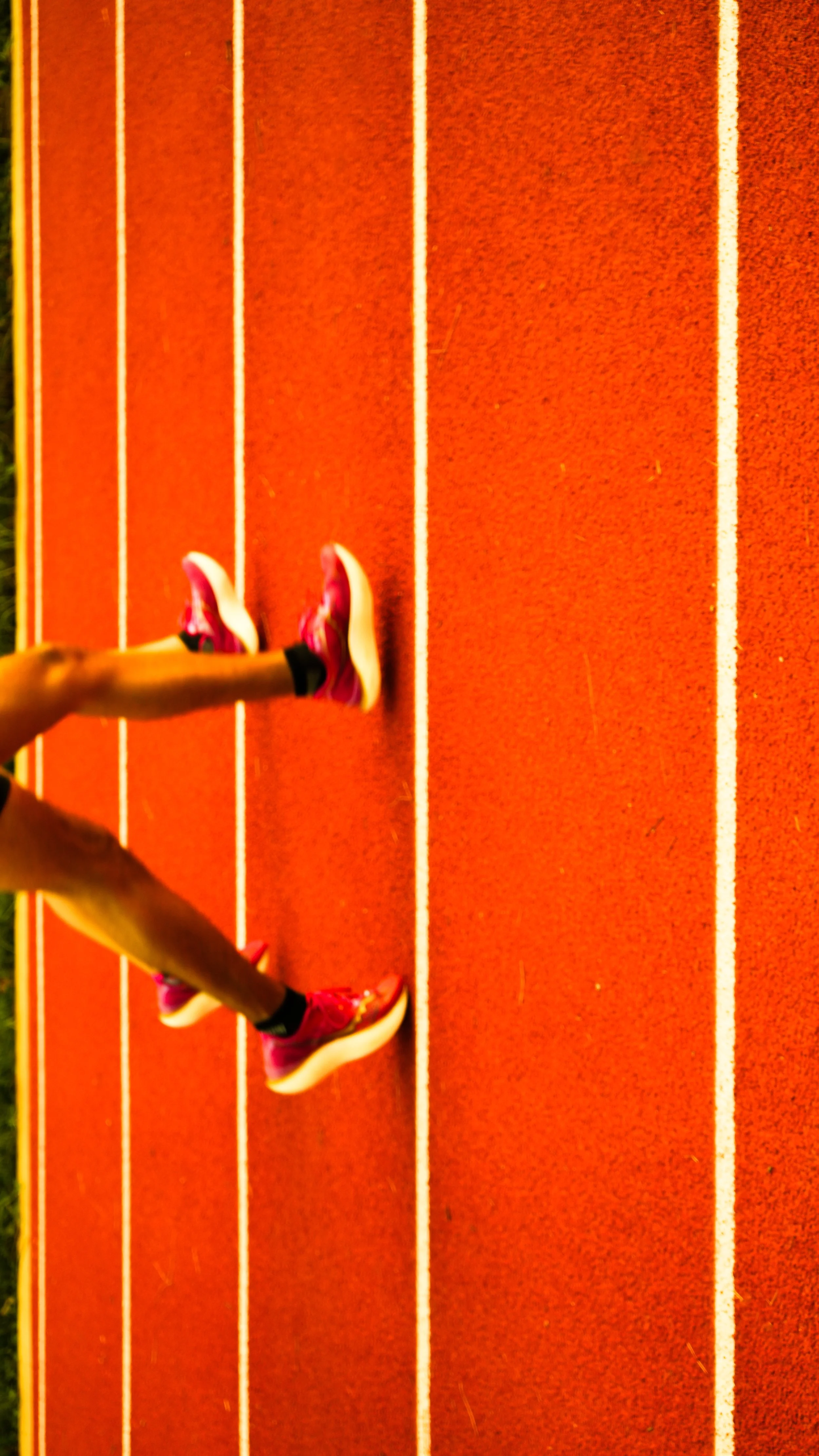 Close-up of a runner's legs and pink running shoes on a red athletic track.