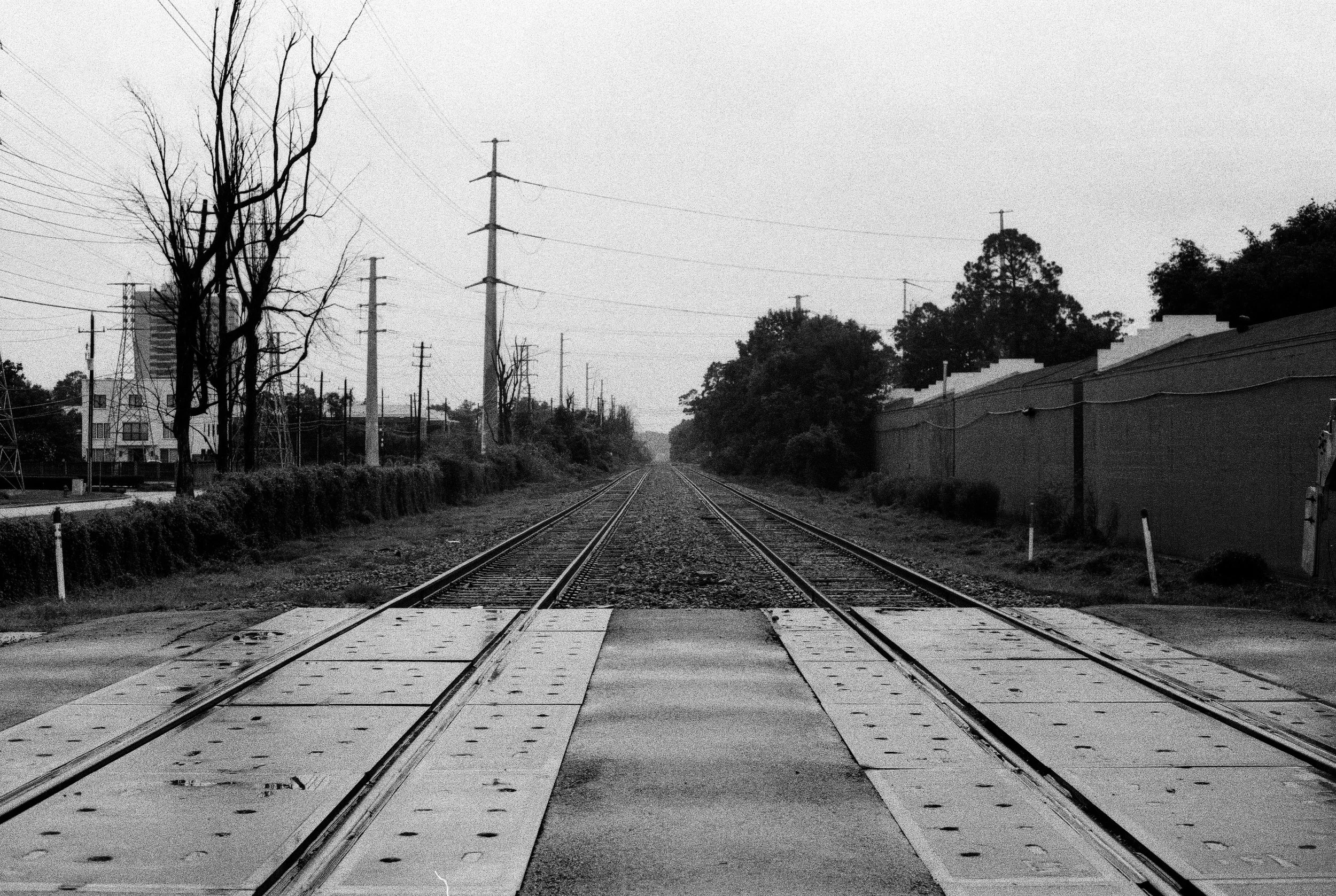 Black and white photo of railway tracks running straight into the distance, with some trees, utility poles, and buildings beside them.