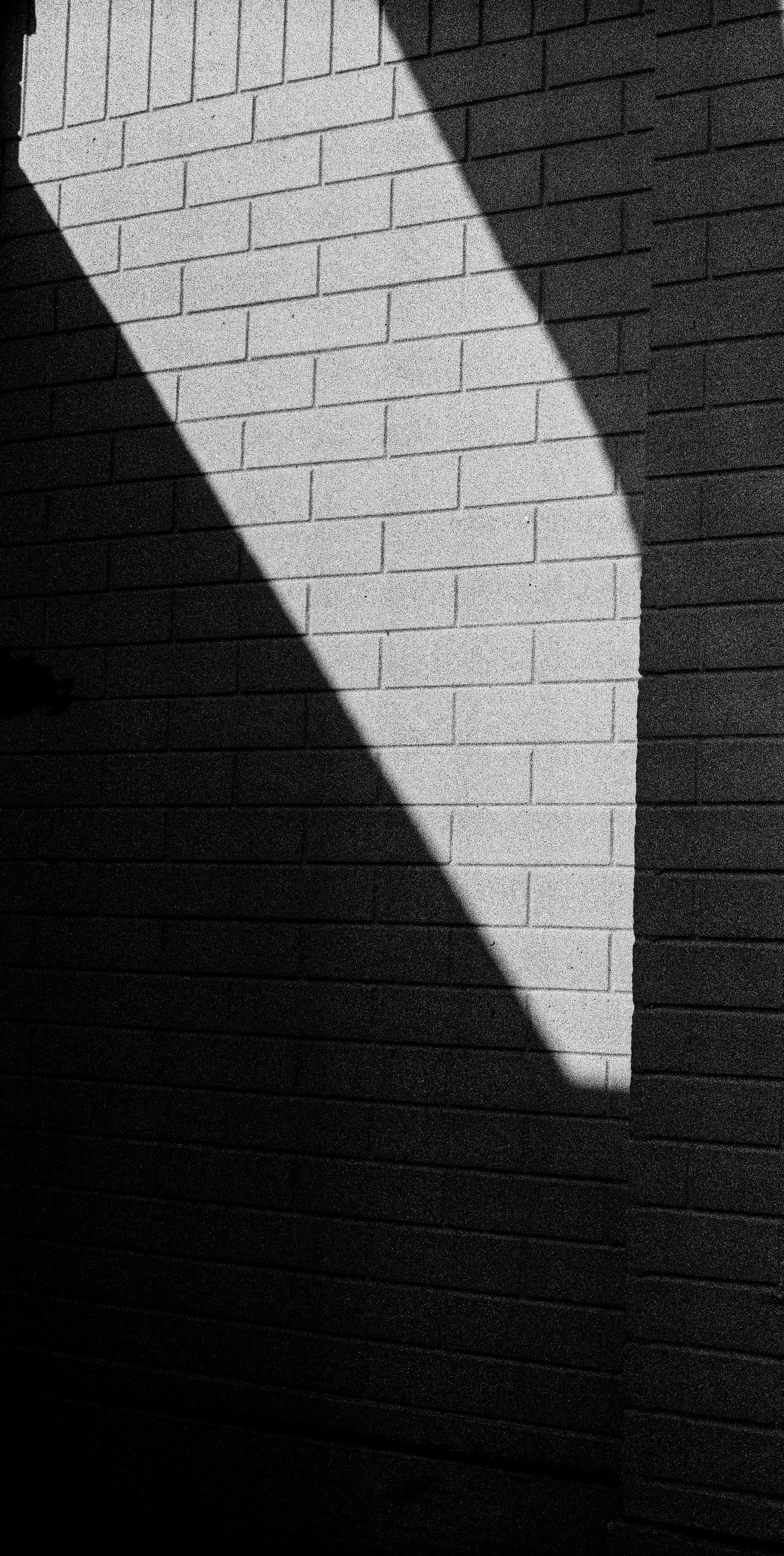 Black and white photograph of a brick wall with a large shadow cast diagonally across it.
