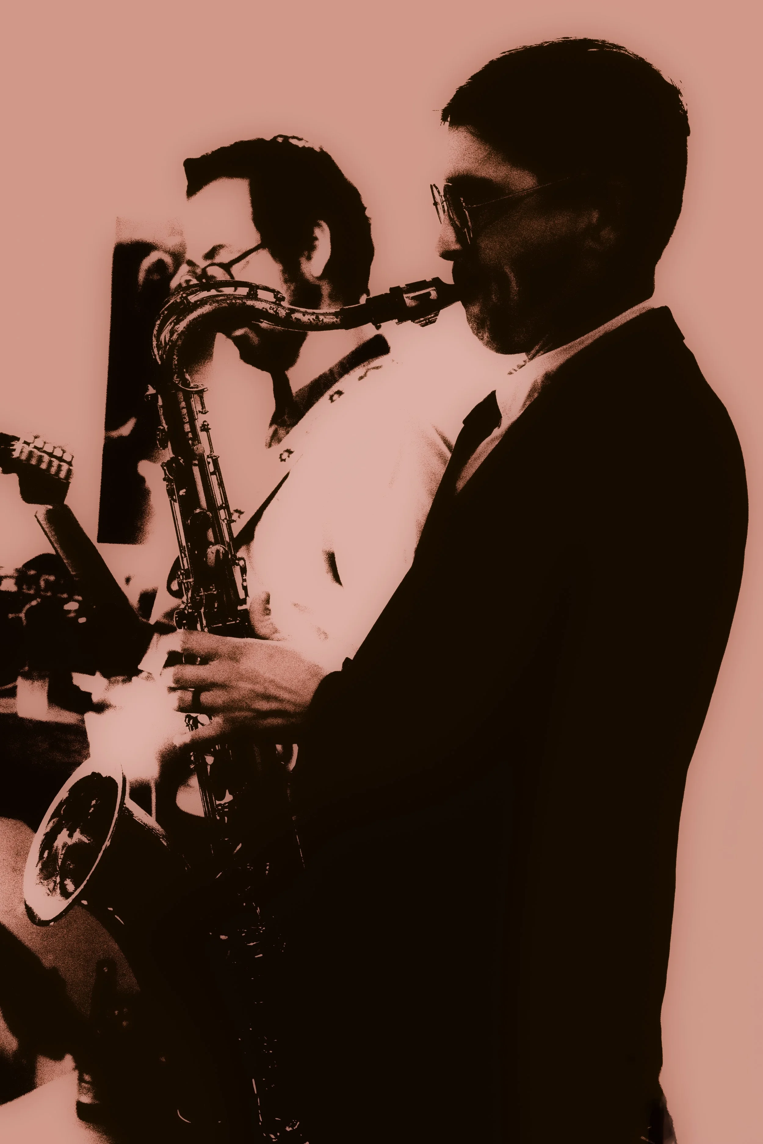 Silhouettes of two men, one playing a clarinet and the other playing a saxophone, with a pink background.