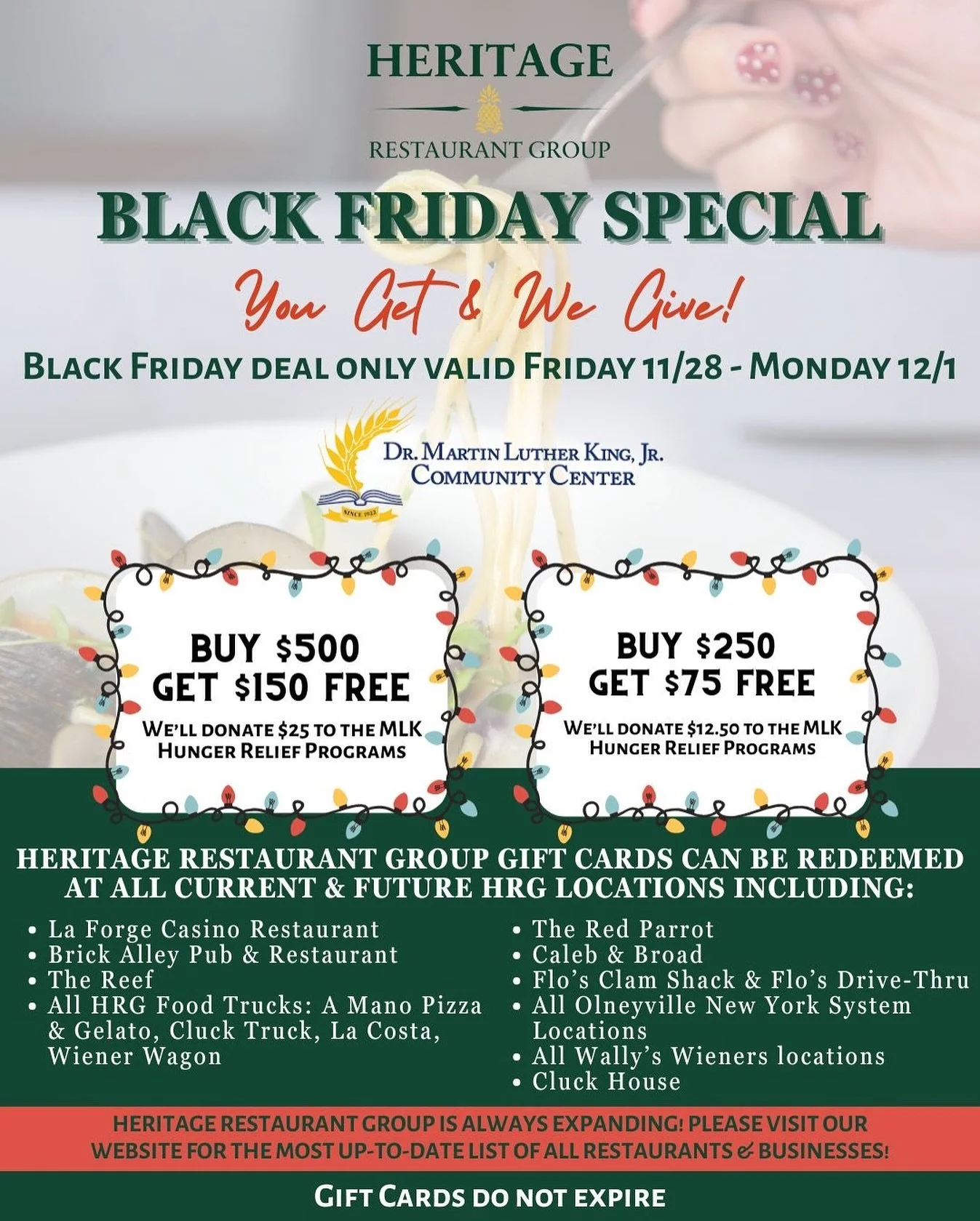 🎉 BLACK FRIDAY &rarr; CYBER MONDAY DEAL! 🎉
 Give the gift of great food (and get a bonus while you&rsquo;re at it!) with Heritage Restaurant Group Gift Cards; redeemable at your favorite Newport restaurants &amp; food trucks!

✨ Buy $250, Get $75 F