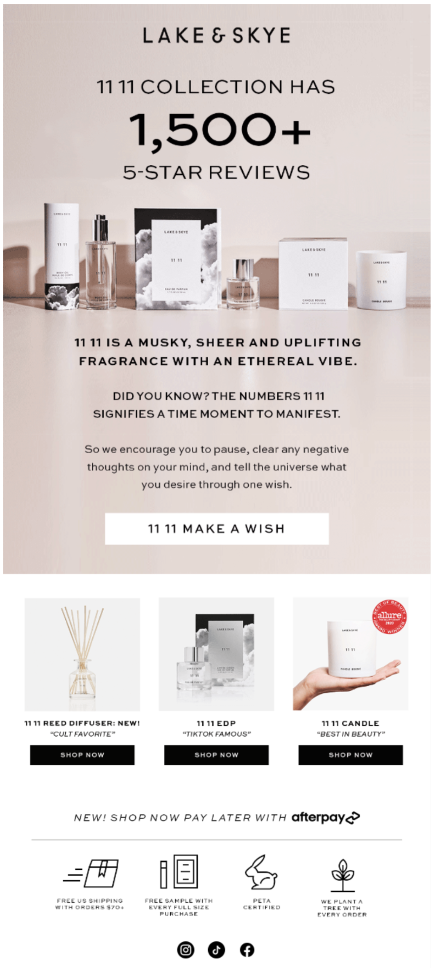 A promotional image for Lake & Skye’s 11 11 collection featuring fragrance items. Text highlights 1,500+ 5-star reviews and describes the scent as musky and ethereal. Offers other related product options. Mentions Afterpay for purchase options.