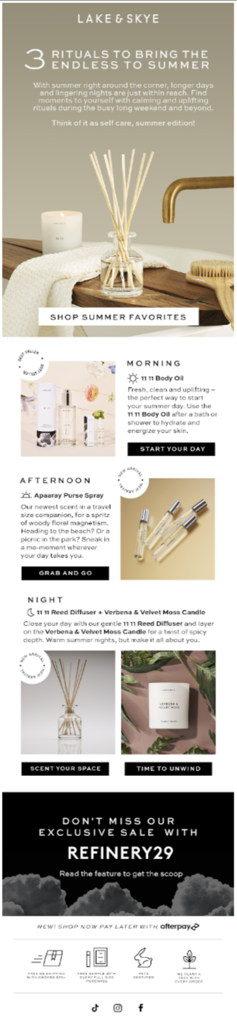 A promotional image for Lake & Skye featuring summer rituals with scented products. Includes morning body oil, afternoon perfume, night candle, and diffuser. Offers a link to shop favorites and highlights a feature on Refinery29.
