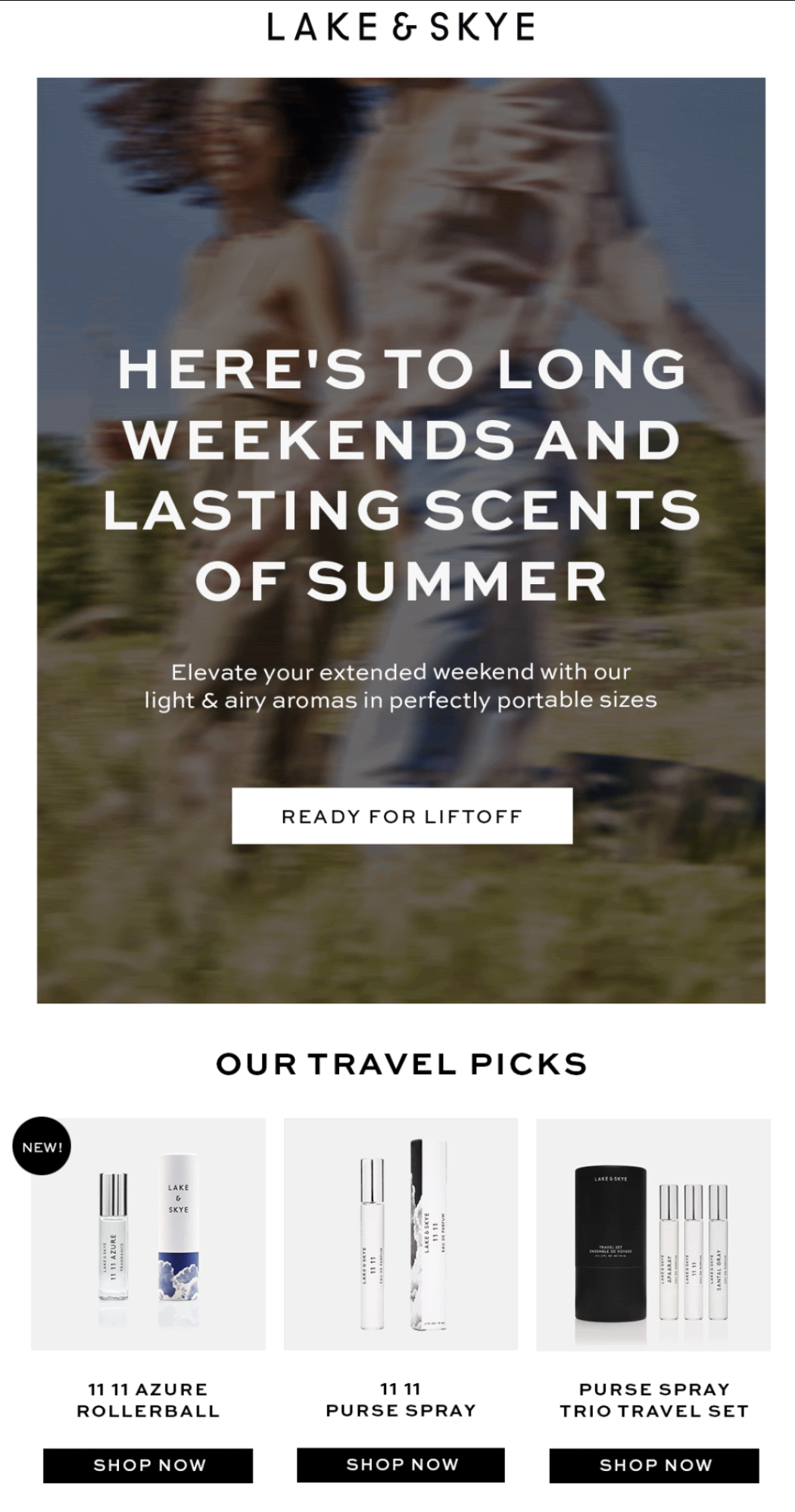 Advertisement for Lake & Skye. The top section features text inviting long weekends with lasting summer scents. Below are three perfume products from the 11 11 collection labeled as travel picks.