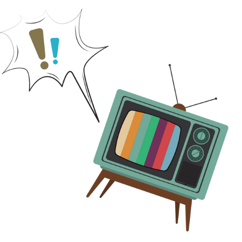 illustration of a vintage television set with a colorful test pattern on the screen. Next to the TV is a speech bubble with an exclamation mark, suggesting salaciousness.