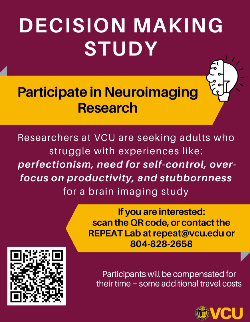 Flyer inviting participation in neuroimaging research at VCU, seeking adults with experiences like perfectionism and need for self-control, includes QR code and contact info.