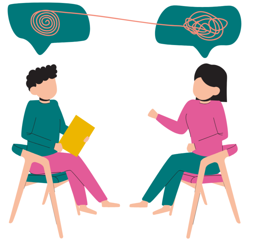 Two women sitting and talking, with speech bubbles above their heads showing tangled and spiral lines, representing confusion or complex thoughts.