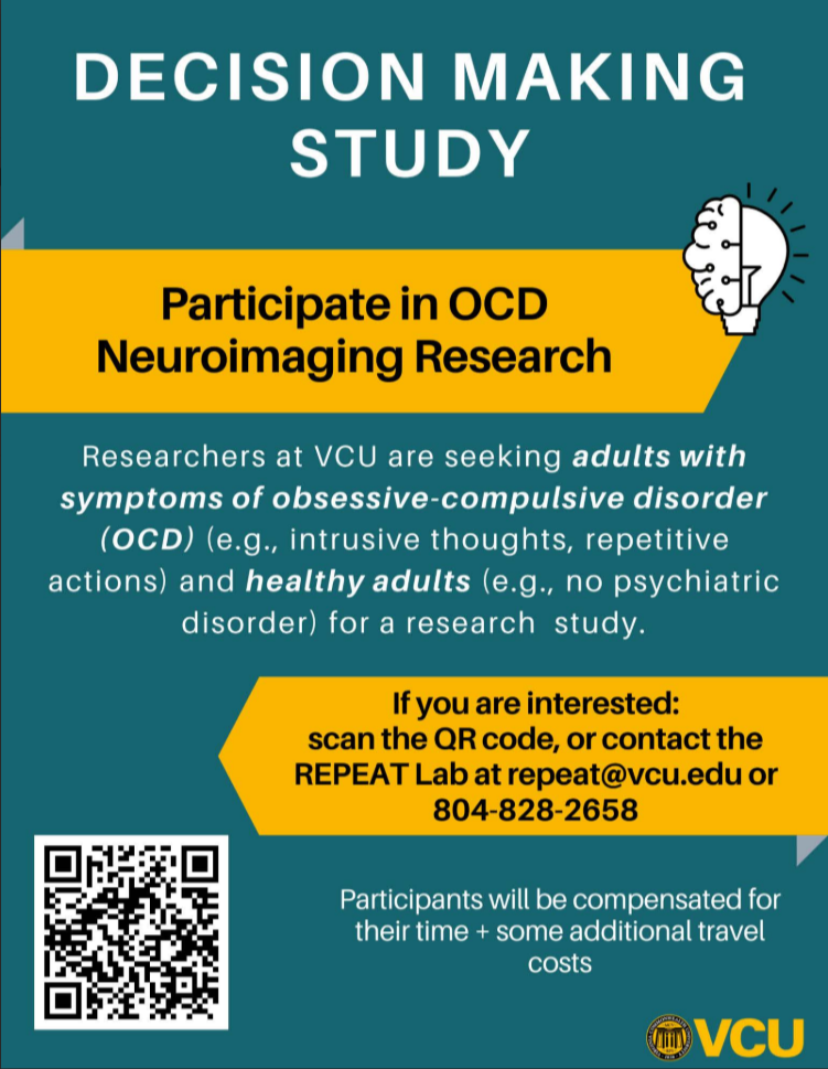 Flyer for a decision making study about OCD neuroimaging research at VCU, inviting adults with OCD symptoms and healthy adults to participate with contact information and a QR code.
