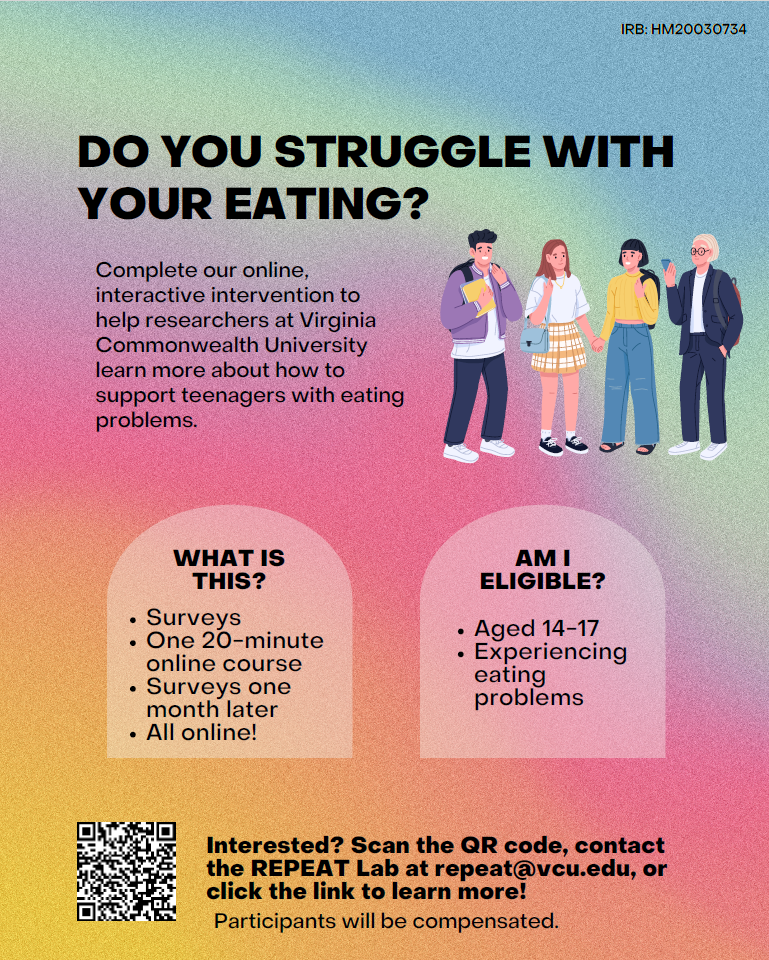 Flyer for an online intervention study to support teenagers with eating problems at Virginia Commonwealth University, featuring four illustrated teenagers and instructions to scan a QR code for participation.