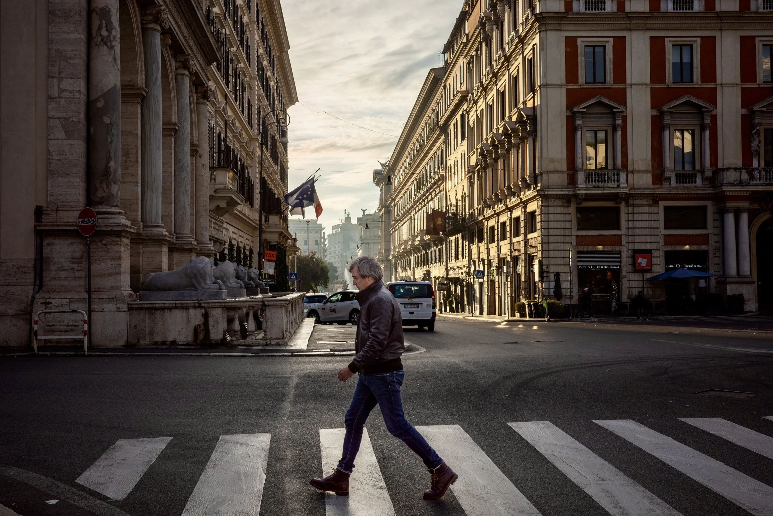Street Scene Man Crossing Rome Italy
