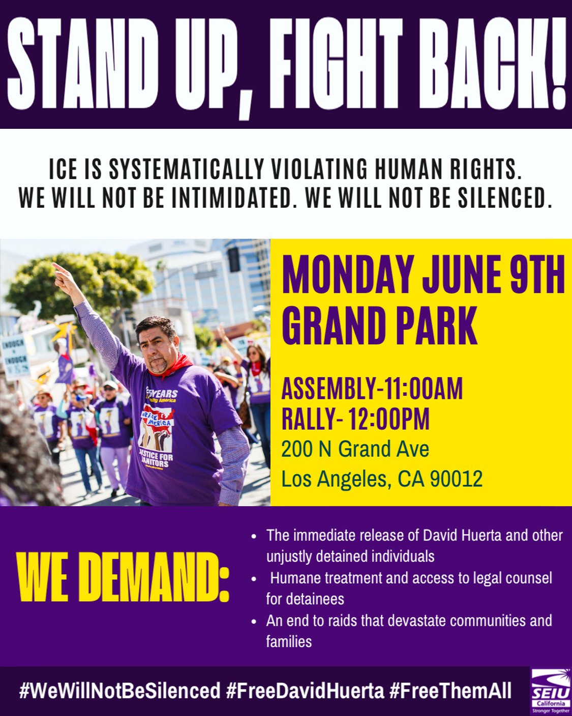ACTION to FREE DAVID HUERTA, MONDAY JUNE 9

If you haven&rsquo;t heard yet, @seiuca + @seiu_usww President, David Huerta, was assaulted, injured, kidnapped, and currently imprisoned by ICE for standing with workers and immigrants by observing ICE's t