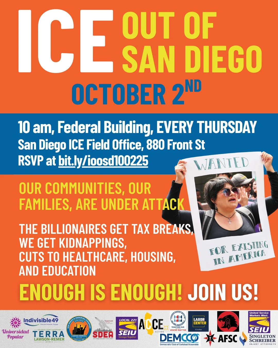 ICE is anti-worker. ICE is anti-union. ICE MUST GO.

RSVP: bit.ly/ioosd100225

While billionaires get tax cuts, ICE gets $100+ BILLION to terrorize our coworkers, family, friends, neighbors, and communities. They raid our restaurants, arrest our hote