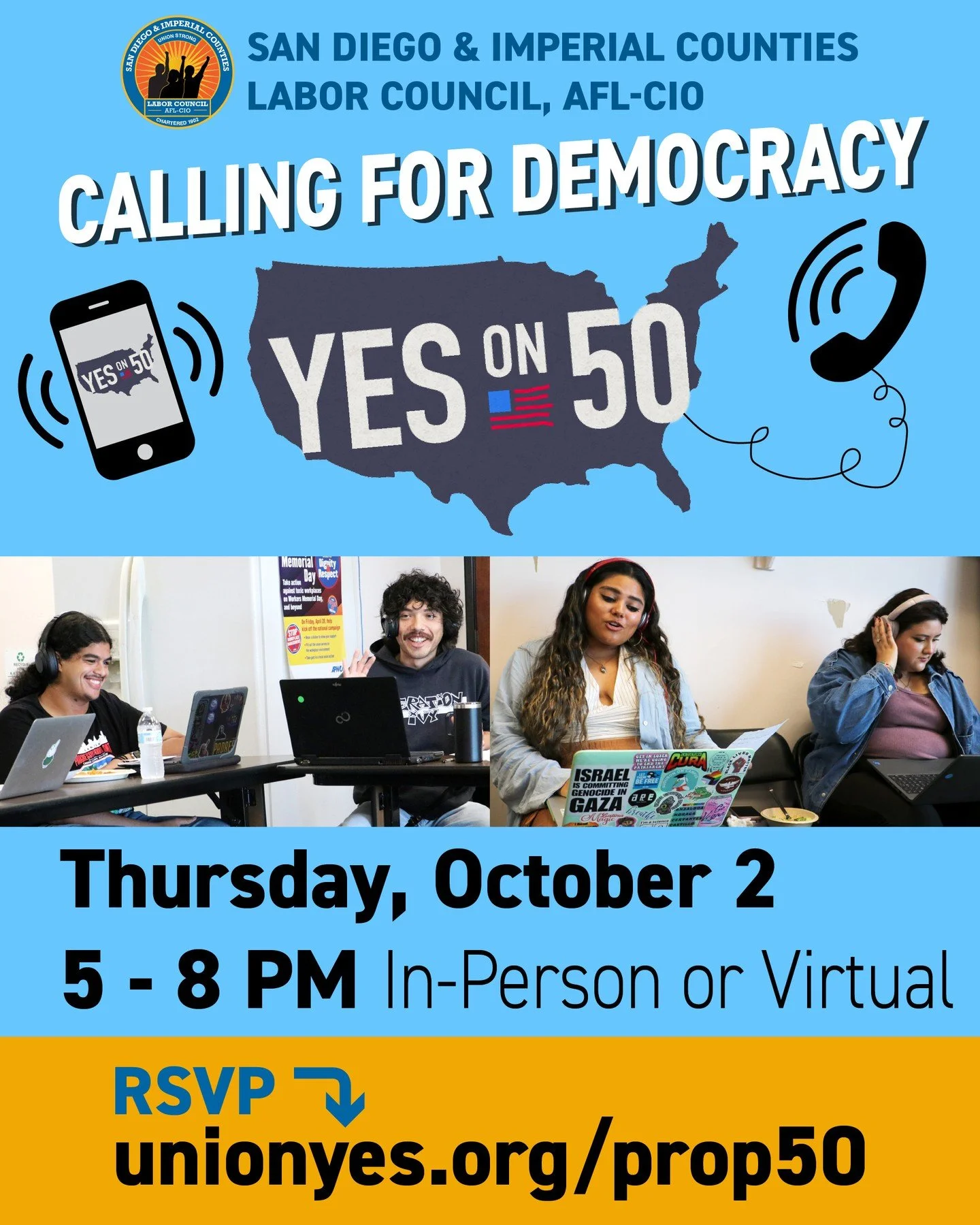 Trump's trying to steal Congress&mdash;but we're fighting back with some good old-fashioned union power. Join us Thursday 10/02 (and every Thursday through Nov. 4) as we call local union members who are likely Prop 50 supporters to make sure they vot
