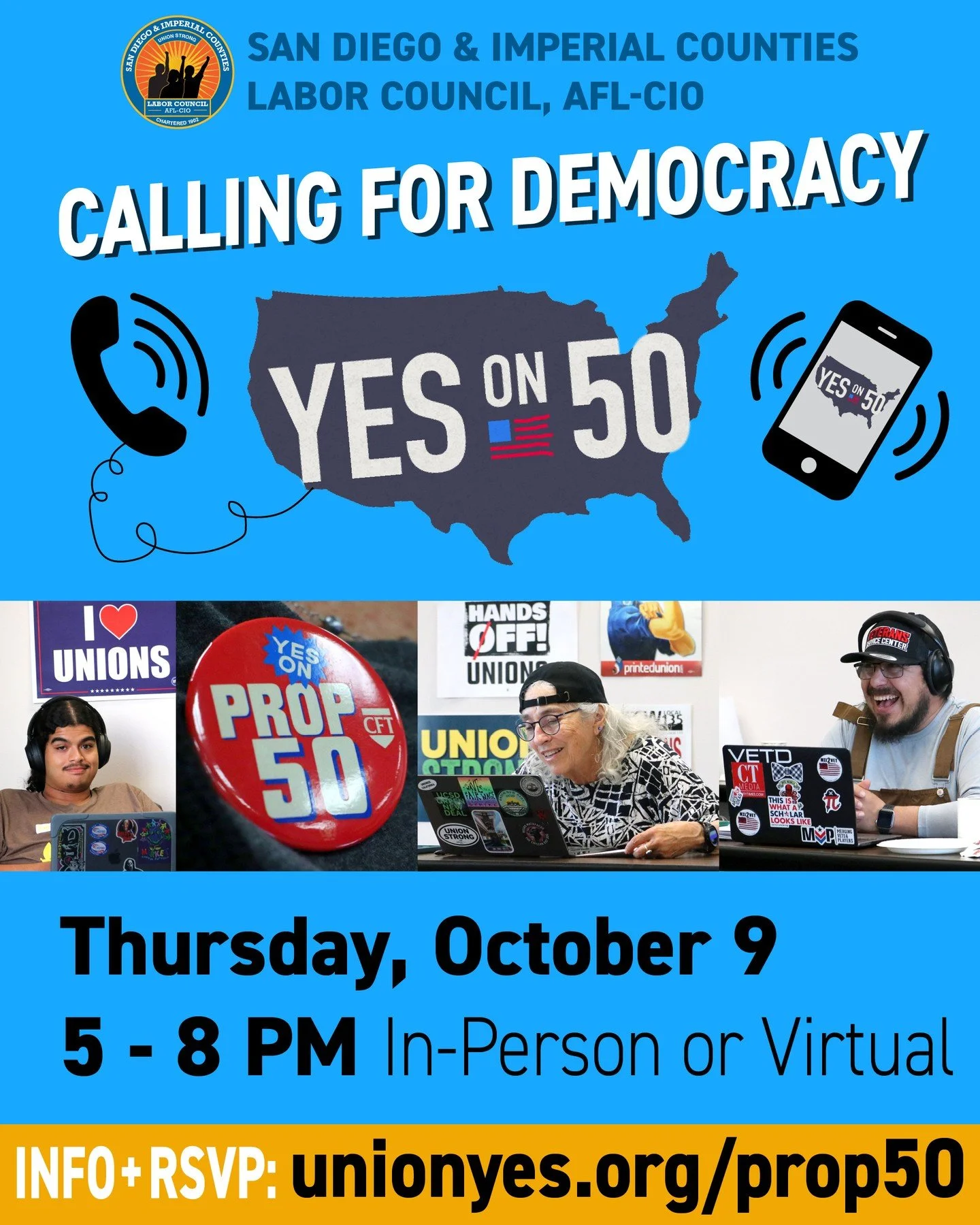 Trump's trying to steal Congress&mdash;but we're fighting back with some good old-fashioned union power. Join us Thursday 10/09 (and every Thursday through Nov. 4) as we call local union members who are likely Prop 50 supporters. Mail-in-ballots are 