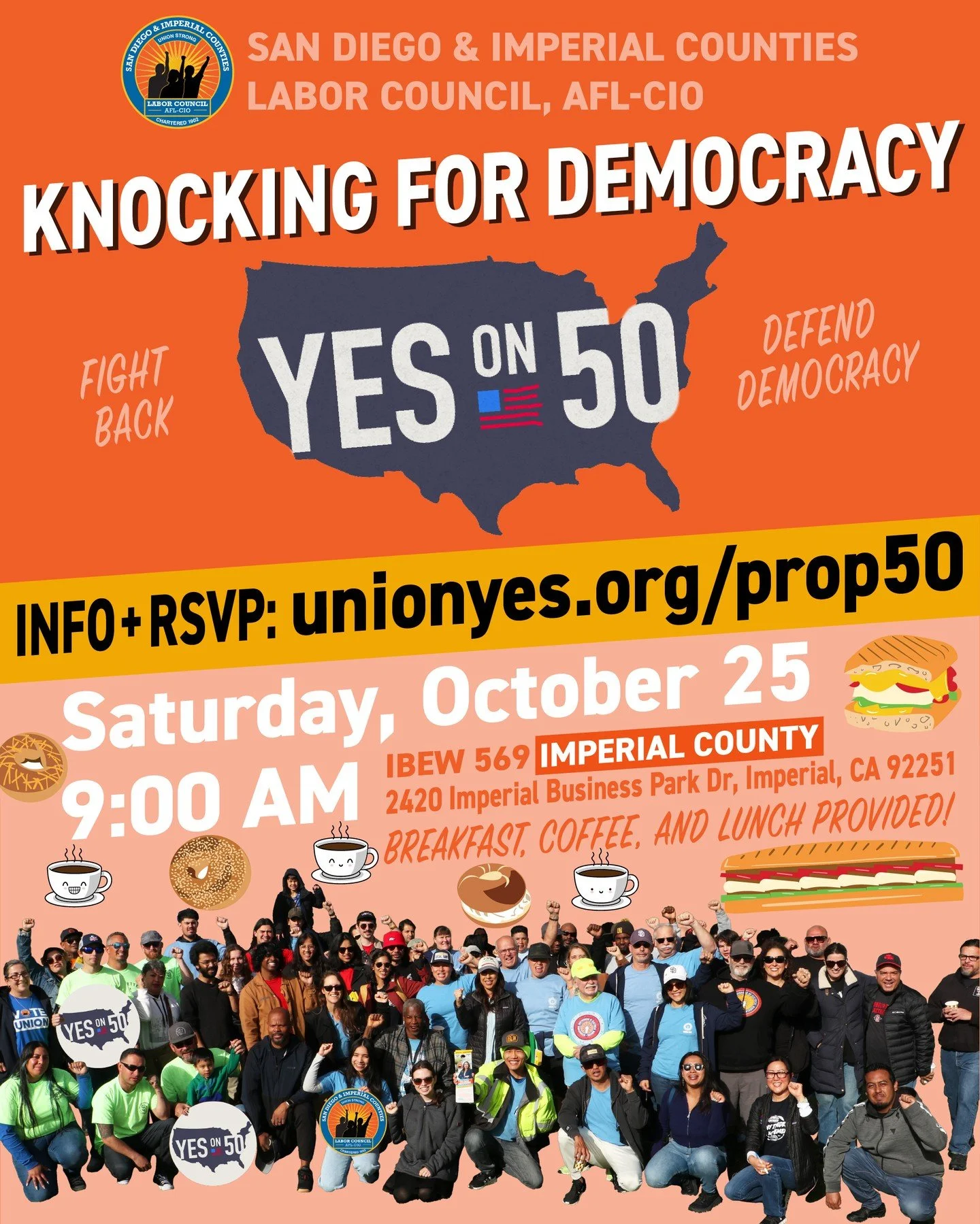 Join us in Imperial County to knock doors to fight anti-union Trump's power grab!

RSVP + Info: unionyes.org/prop50

Trump shut down the govt harming our most vulnerable, fired 300,000 federal workers, &amp; is stealing $4.5 TRILLION from the working