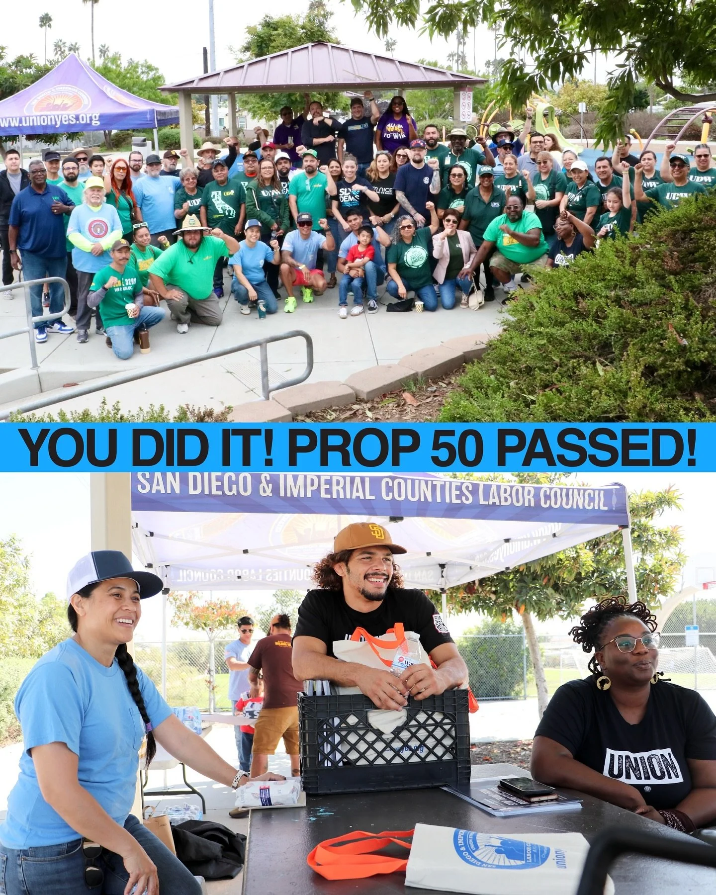 WE / YOU DID IT! 🎉

A massive, earth-shaking THANK YOU to every single union member, community ally, and volunteer who powered our #YesOnProp50 campaign to a LANDSLIDE VICTORY!

You knocked on thousands of doors. You made thousands of calls. You sho
