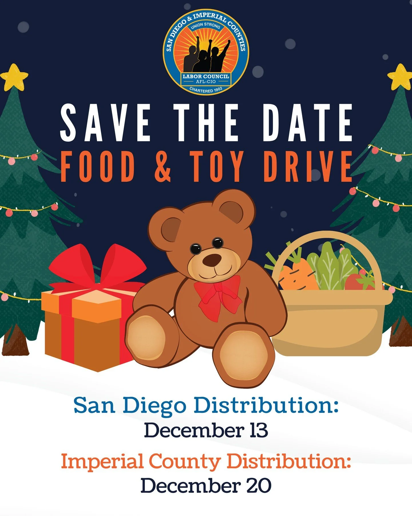 SAVE THE DATE! 🎄🎁

The SDICLC's Annual Food &amp; Toy Drive is back! Mark your calendars to join us in solidarity and joy this holiday season.

We'll be distributing food and toys to our union families across the region on two dates:

&bull; SAN DI