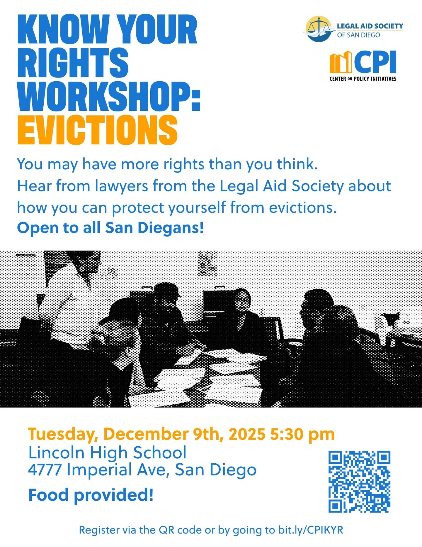 KNOW YOUR RIGHTS WORKSHOP: EVICTIONS
You may have more rights than you think. Hear from lawyers from the Legal Aid Society @legalaidsd about how you can protect yourself from evictions.

Open to all San Diegans! Food provided!

TUESDAY, December 9th,