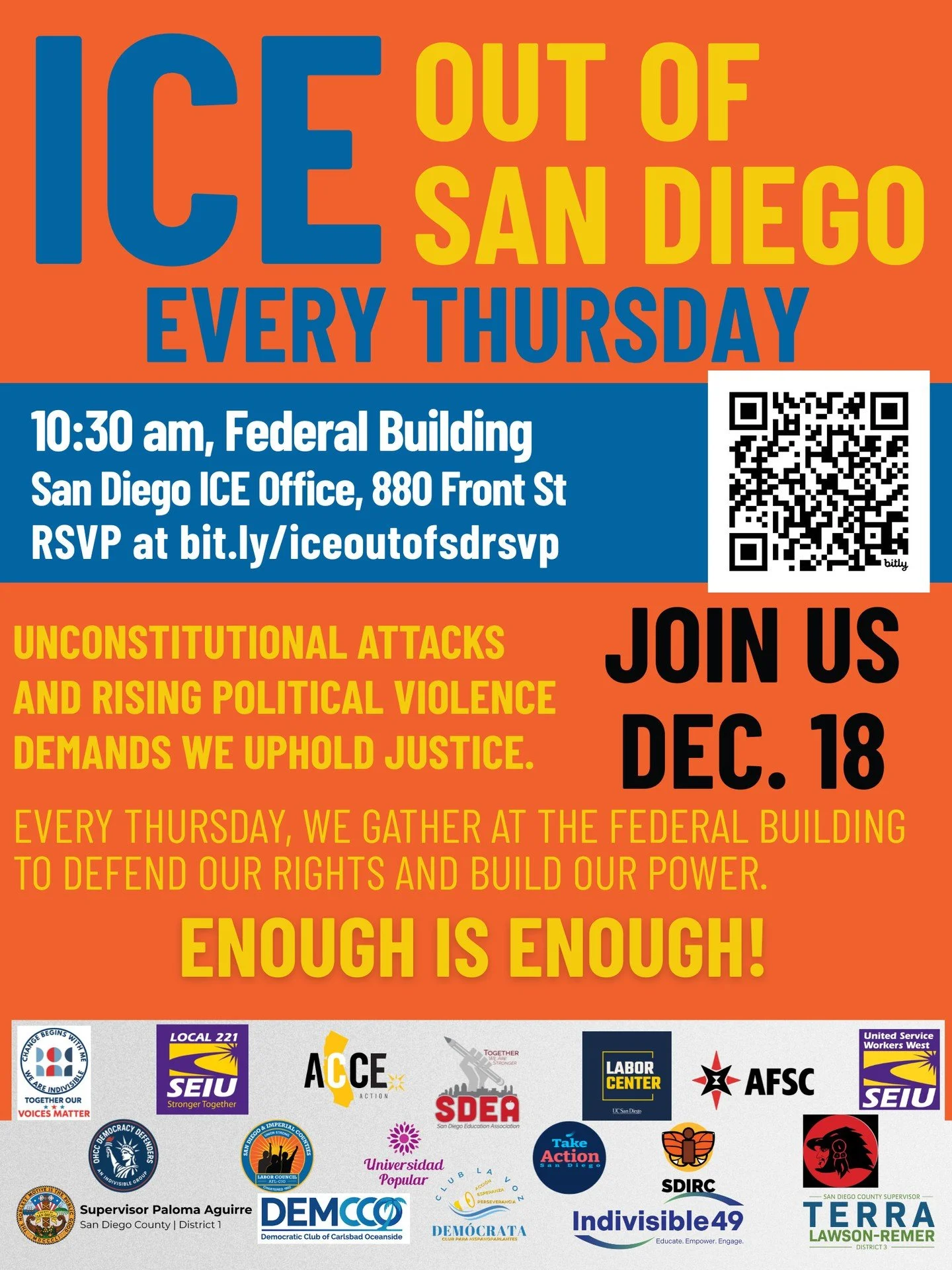 Your San Diego &amp; Imperial Counties Labor Council, AFL-CIO is hosting the ICE OUT OF SAN DIEGO protest rally on Thursday, December 18 @ 10:30 am. Please RSVP at bit.ly/iceoutofsdrsvp

Join us as we stand against the fascist Trump administration wh