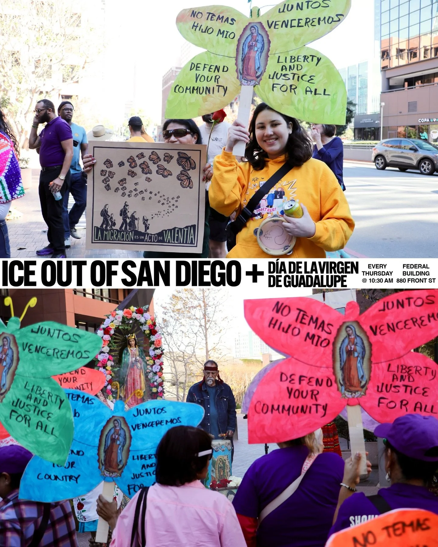 On Thursday, ICE OUT OF SAN DIEGO combined with @seiu_usww &rsquo;s D&iacute;a De La Virgen De Guadalupe to protest the cruel, racist, fascist, anti-working class mass deportation machine of Trump.

The D&iacute;a de la Virgen de Guadalupe, observed 