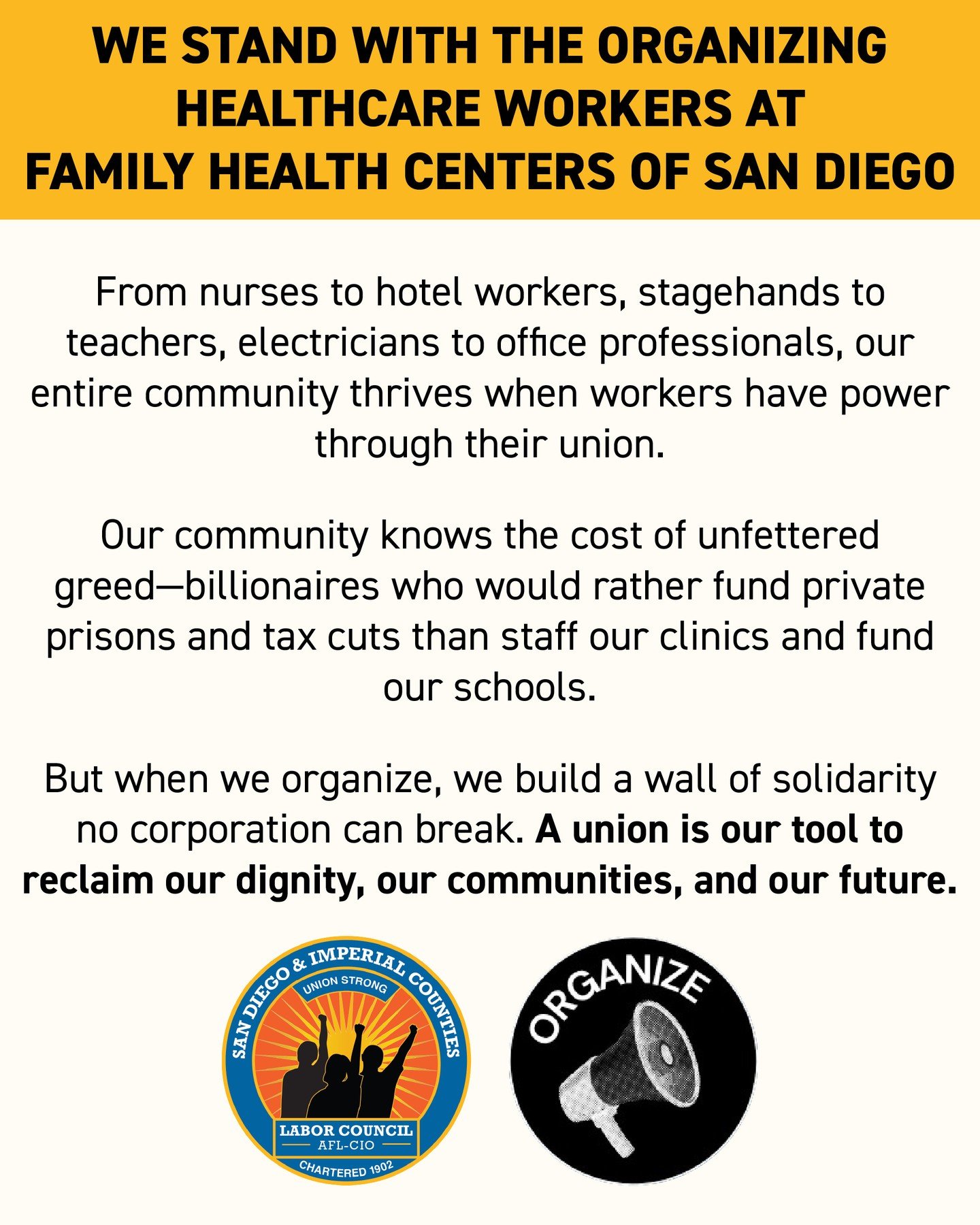 The SDICLC stands in unwavering solidarity with the healthcare workers of Family Health Centers of San Diego (FHCSD) as they organize with @seiuuhw for a union voice.

For over 50 years, FHCSD has been a pillar of care for our most underserved commun