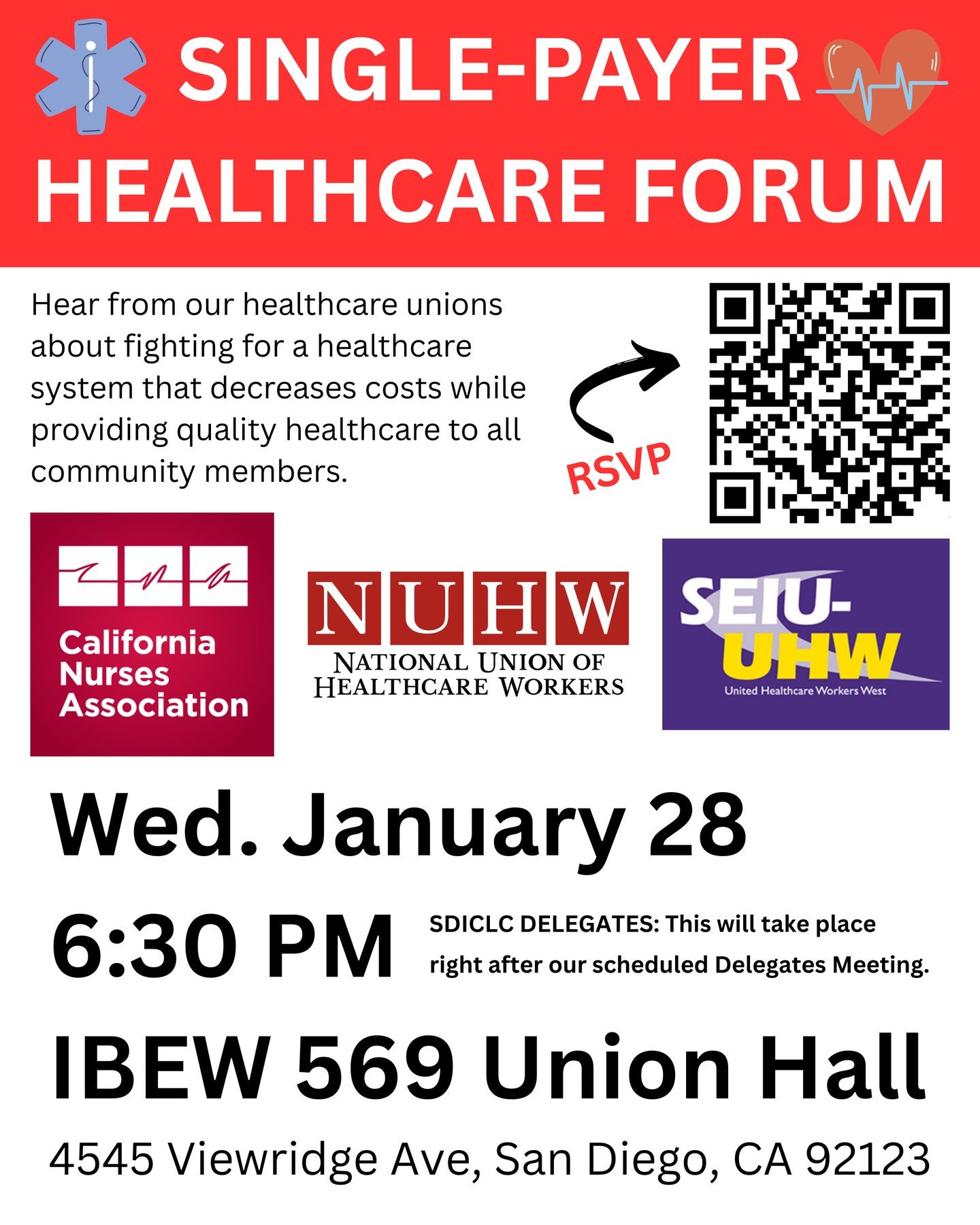 Join us to hear from our healthcare unions (CA Nurses Association @calnurses, Nat'l Union of Healthcare Workers @nuhwunion, and SEIU-United Healthcare Workers West @seiuuhw) about fighting for single-payer healthcare, a healthcare system that costs w