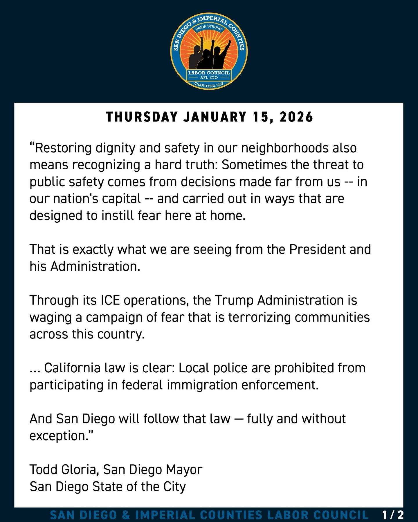 SDICLC Statement on tonight&rsquo;s State of the City of San Diego:

We thank Mayor Gloria for declaring his support for the vulnerable members of the working class in our country and our city. This moment calls for solidarity with each other and esp