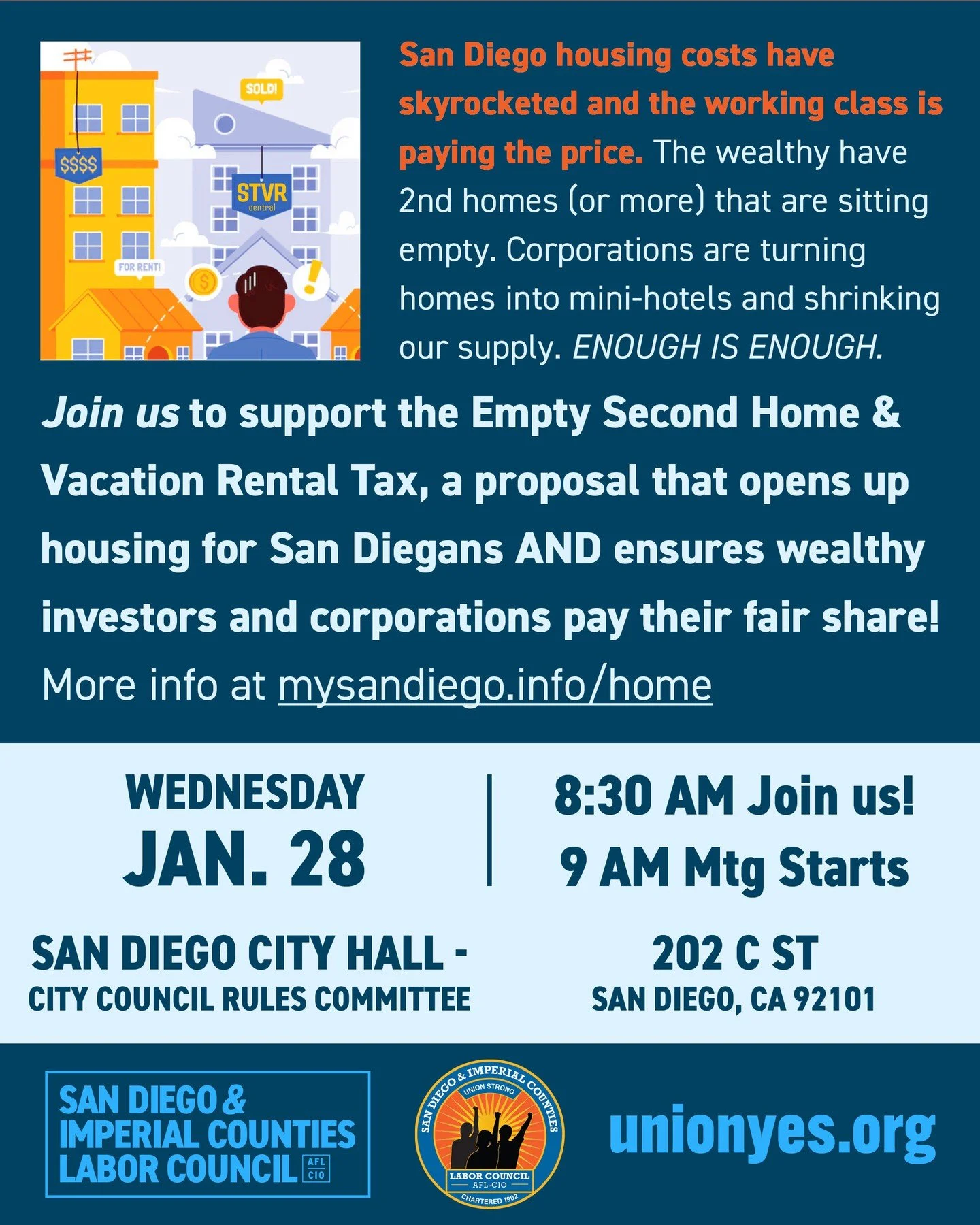 San Diego's housing crisis is a class issue. While 10,000+ homes sit empty or as mini-hotels, the working class is priced out. The Empty Second Home &amp; Vacation Rental Tax will ensure the wealthy, less than 1%, &amp; mega-corporations pay their fa