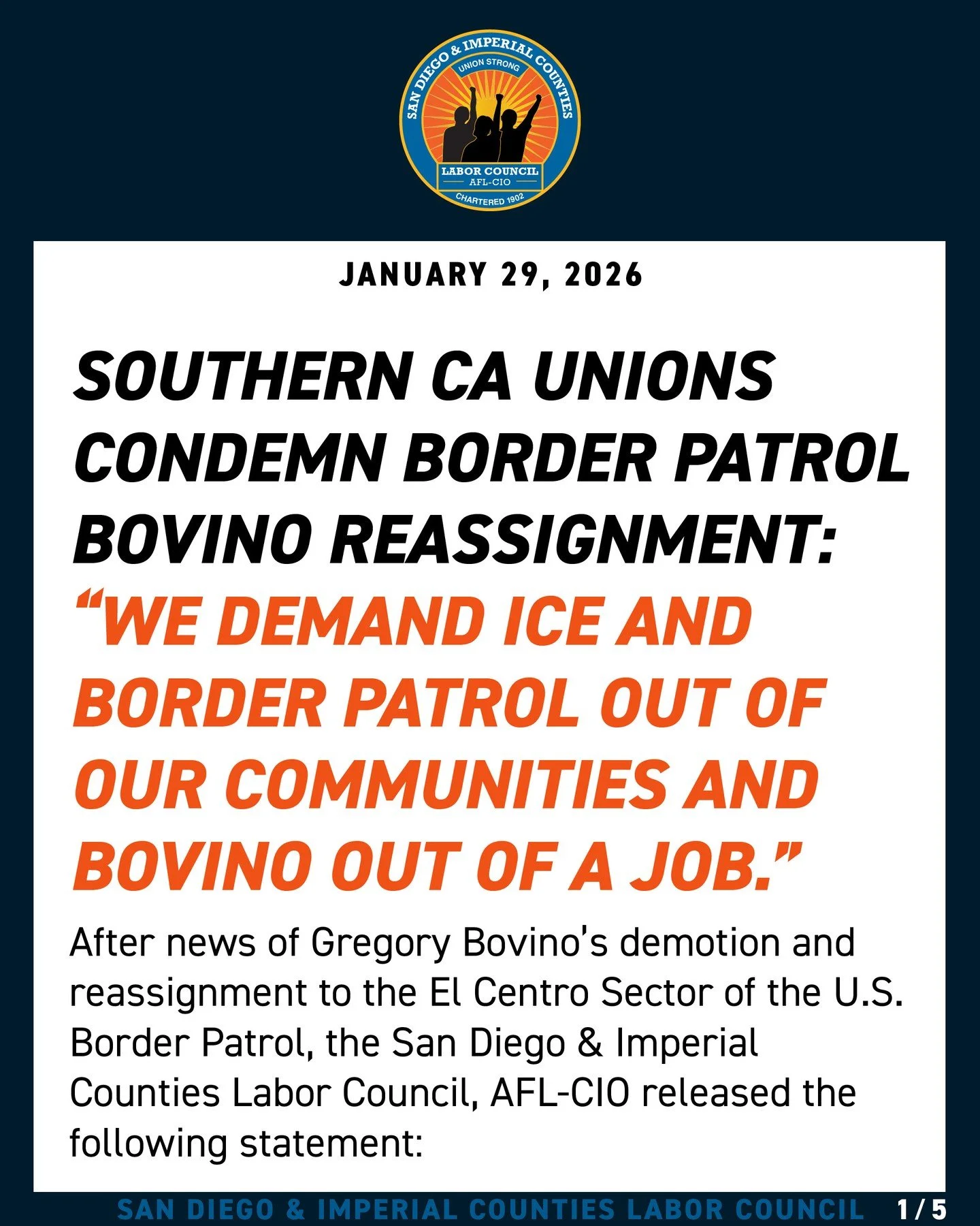 SOUTHERN CA UNIONS CONDEMN BORDER PATROL BOVINO REASSIGNMENT:
&ldquo;WE DEMAND ICE AND BORDER PATROL OUT OF OUR COMMUNITIES AND BOVINO OUT OF A JOB.&rdquo;

After news of Gregory Bovino&rsquo;s demotion and reassignment to the El Centro Sector of the
