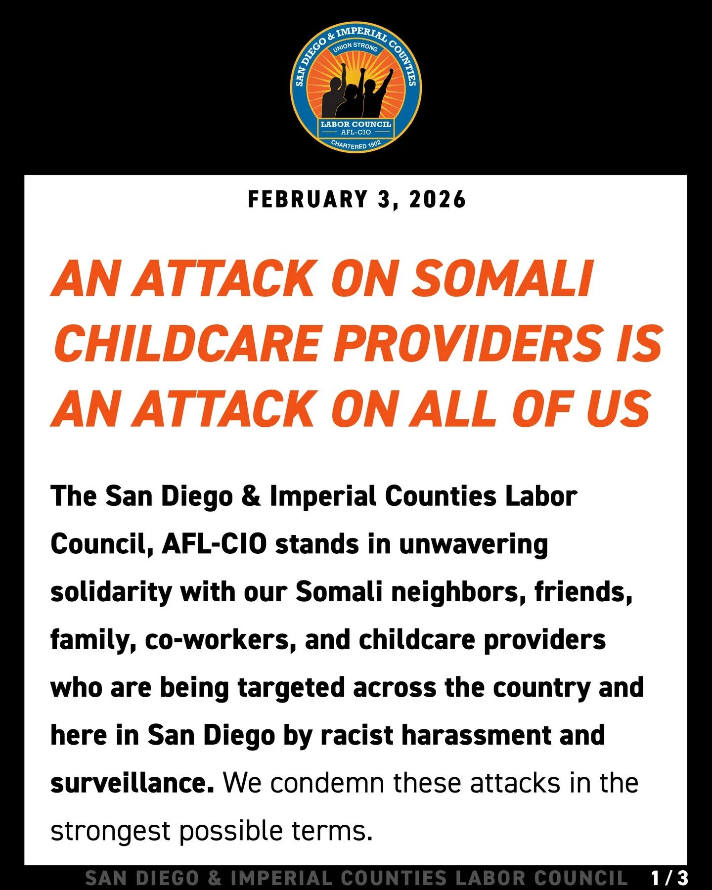 An Attack on Somali Childcare Providers is an Attack on All of Us

The San Diego &amp; Imperial Counties Labor Council, AFL-CIO stands in unwavering solidarity with our Somali neighbors, friends, family, co-workers, and childcare providers who are be