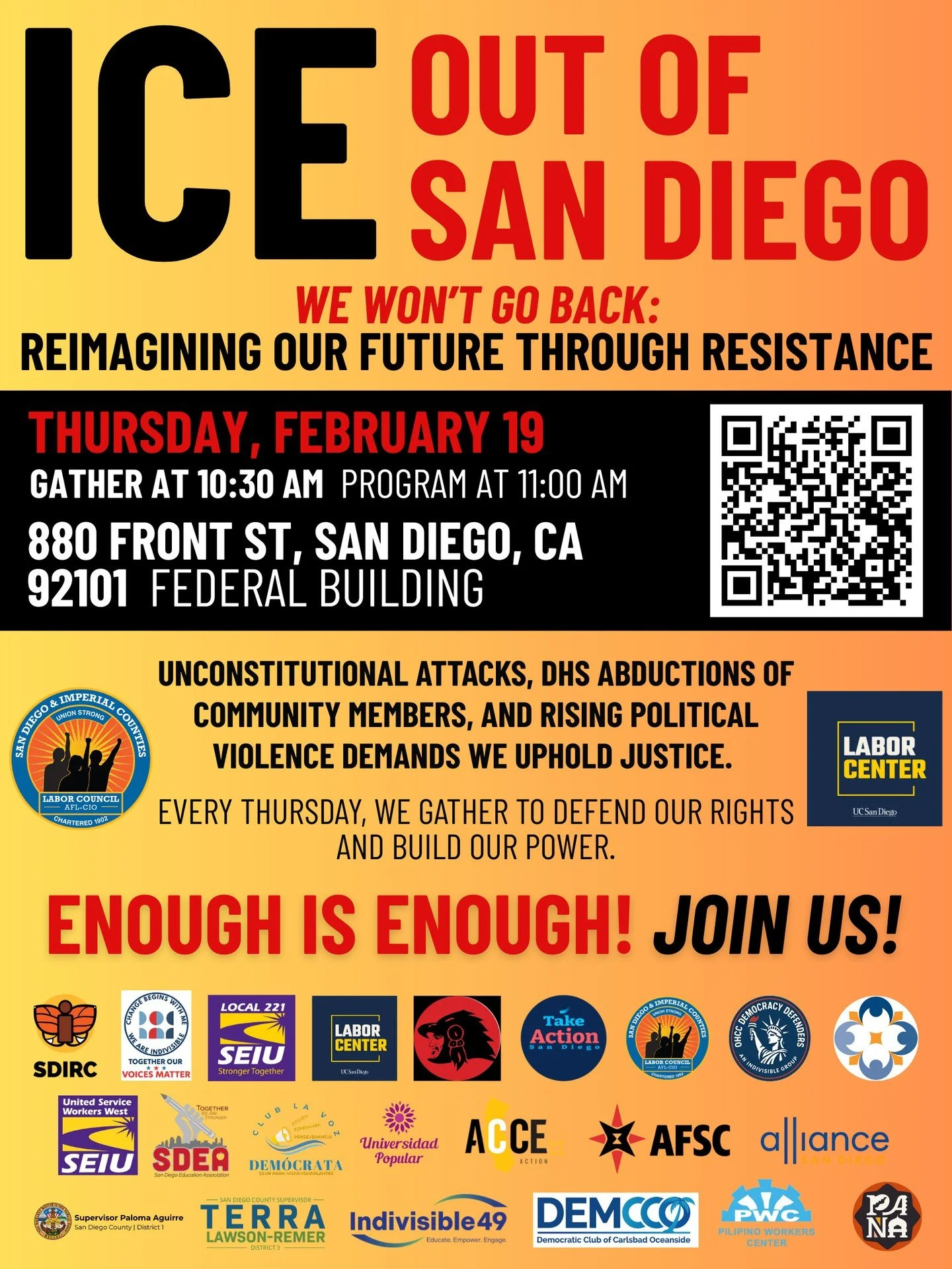 Sick of ICE&rsquo;s terror?

Join us. Hear from students and workers on ways you can plug in to protect our communities now and work toward a future that belongs to all of us.

ICE OUT OF SAN DIEGO (Every Thursday!)
WE WON&rsquo;T GO BACK: Reimaginin