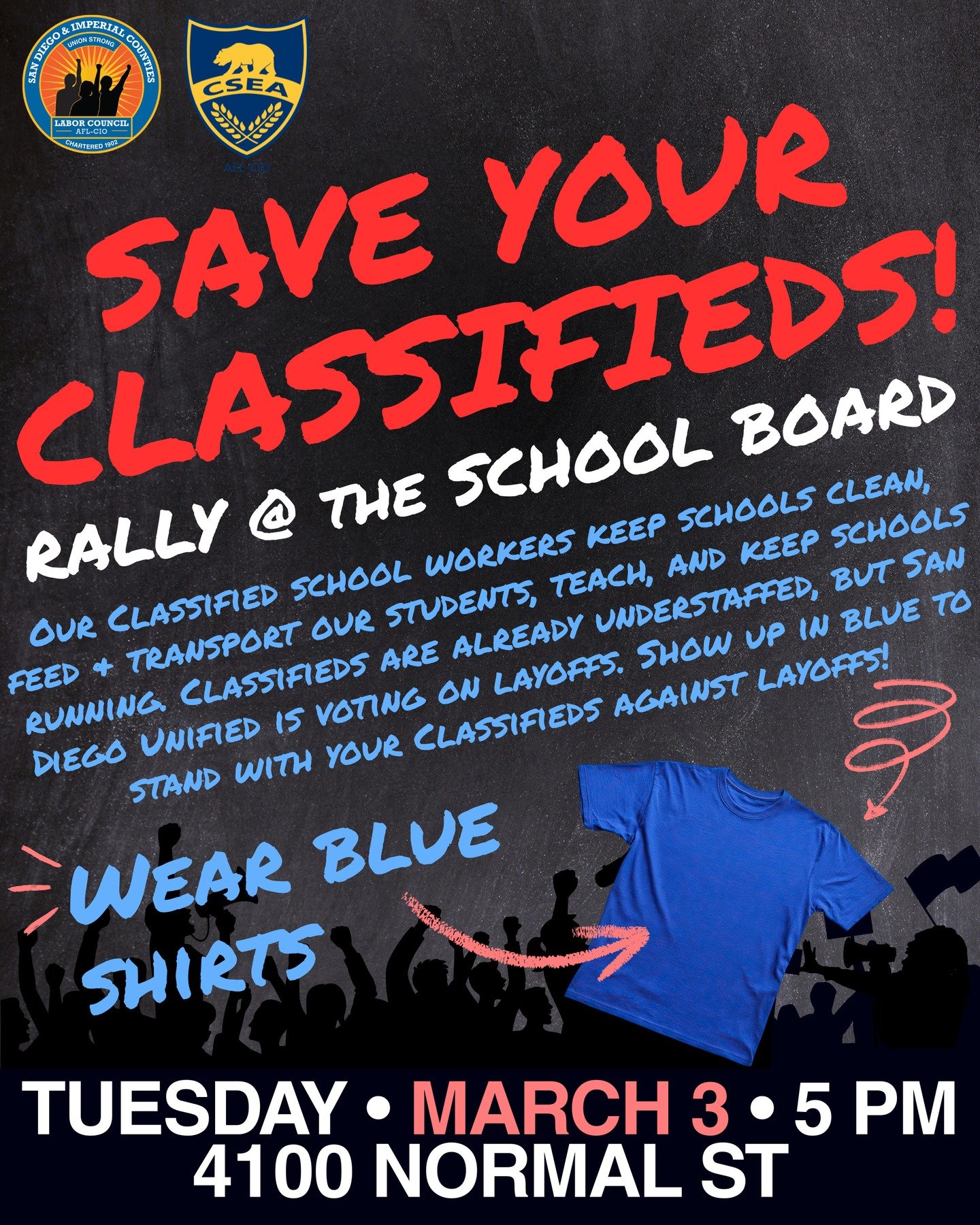 Our @csea_now Classified school workers keep schools clean, feed &amp; transport our students, teach, and keep schools running. San Diego Classifieds (CSEA 759 Paraeducators, CSEA 724, @otbschapter788) are already understaffed, but the San Diego Unif