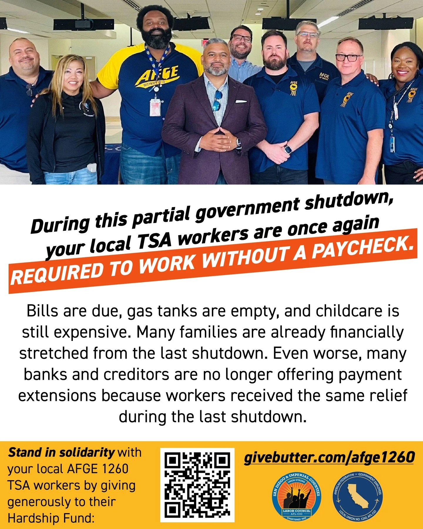 During this partial government shutdown, your local TSA workers are once again REQUIRED TO WORK WITHOUT A PAYCHECK. Bills are due, gas tanks are empty, and childcare is still expensive. Many families are already financially stretched from the last sh