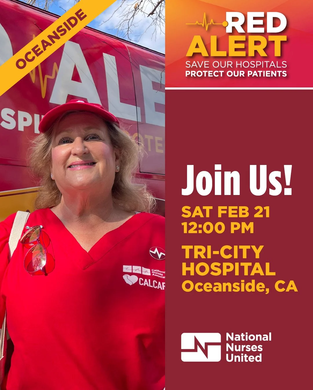 Attention San Diego: The Red Alert hospital tour is rolling into Oceanside on Saturday, Feb. 21. With looming Medicaid cuts, hospitals &mdash; like Tri-City &mdash; are at risk of cuts, layoffs, and even closures. Join us for a rally to build power a