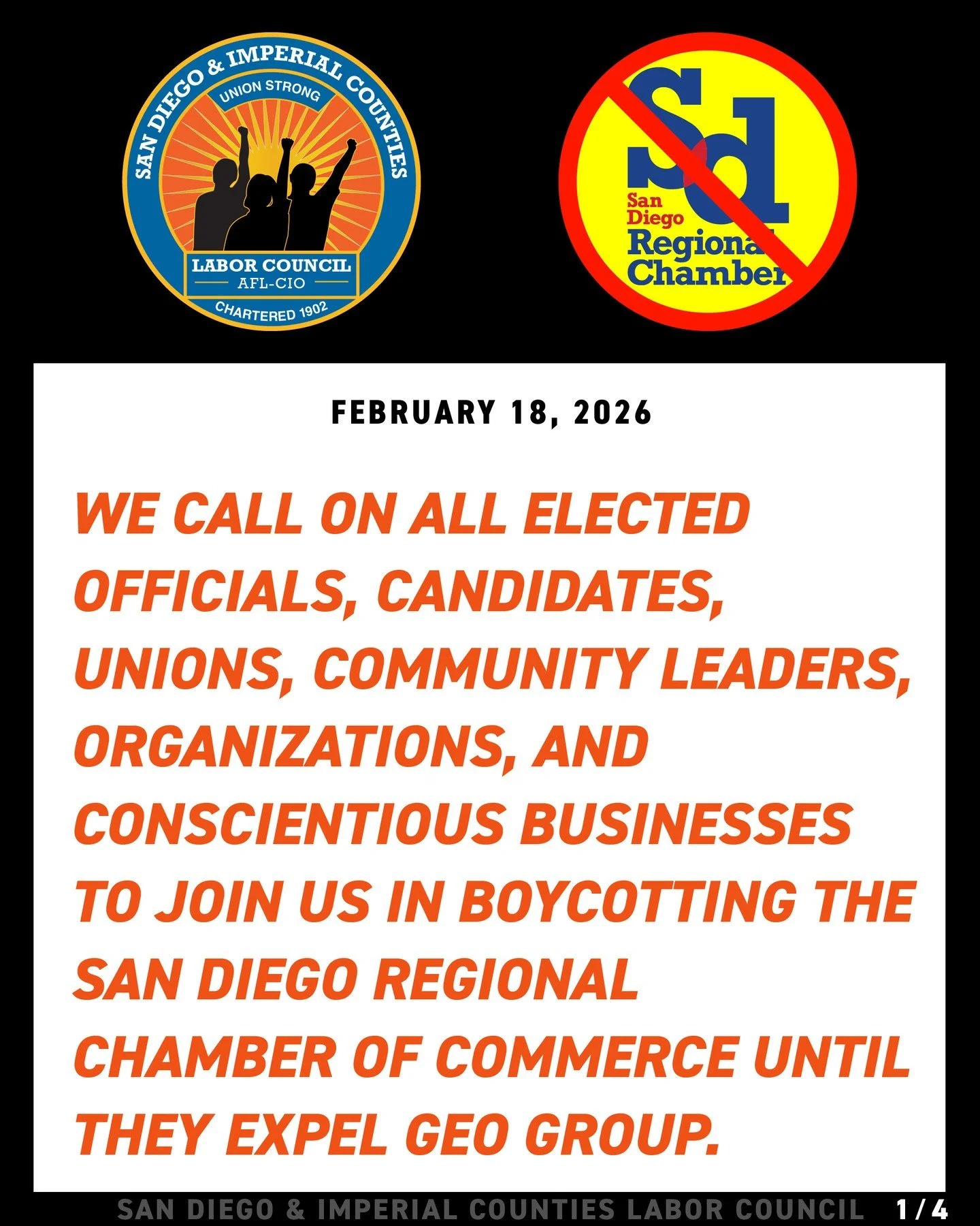 The San Diego &amp; Imperial Counties Labor Council, AFL-CIO (over 100 unions and 200,000 union workers) call on all elected officials, candidates, unions, community leaders, organizations, and conscientious businesses to join us in boycotting the Sa