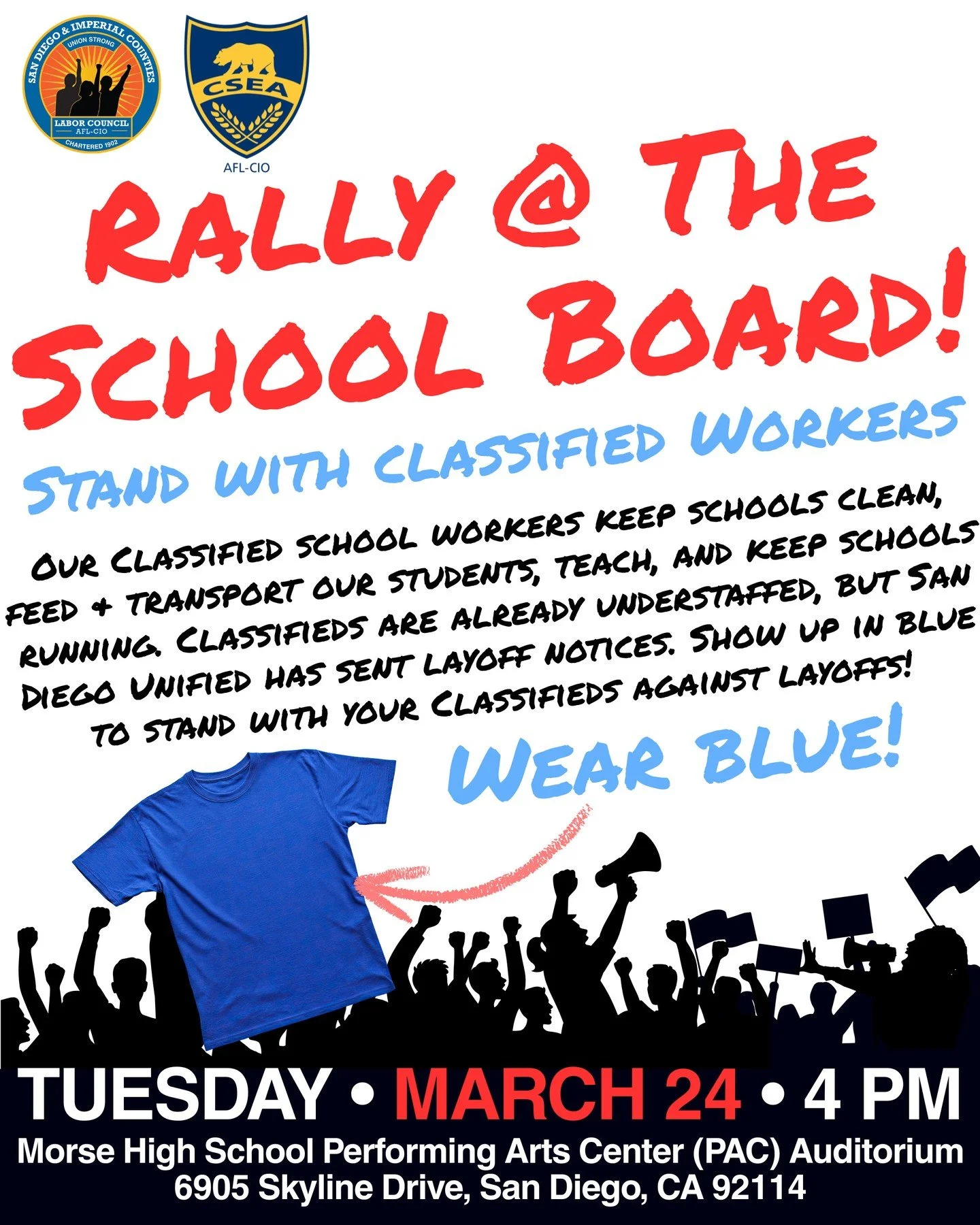 THEY VOTED TO LAY THEM OFF. NOW WE PACK THE HOUSE. ✊🏽✊🏿✊🏼✊🏾✊🏻

Last month, the San Diego Unified School District voted to lay off more than 120 classified employees&mdash;the workers who keep our schools running every single day. Paraeducators w