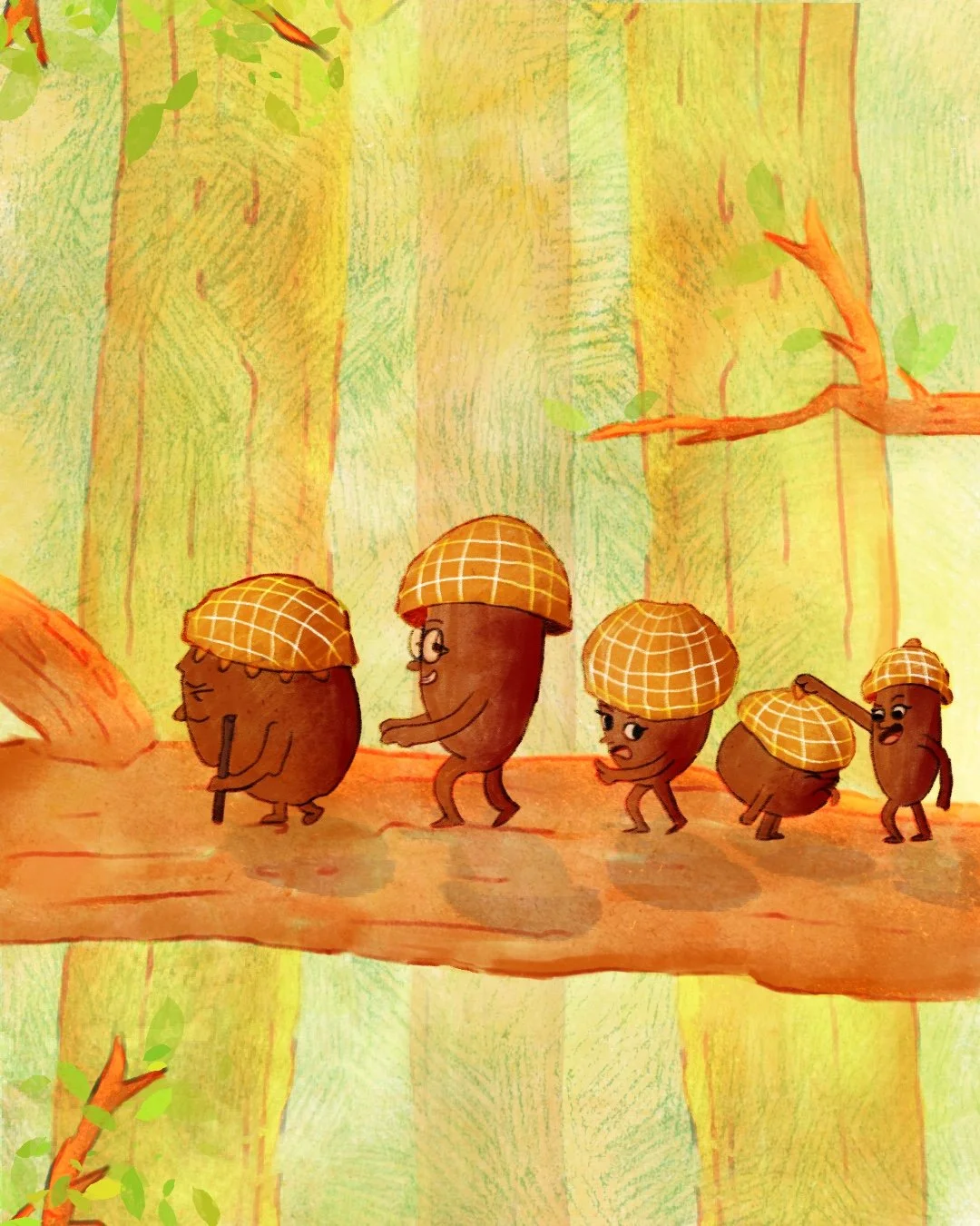 family of acorns walking over a branch of tree