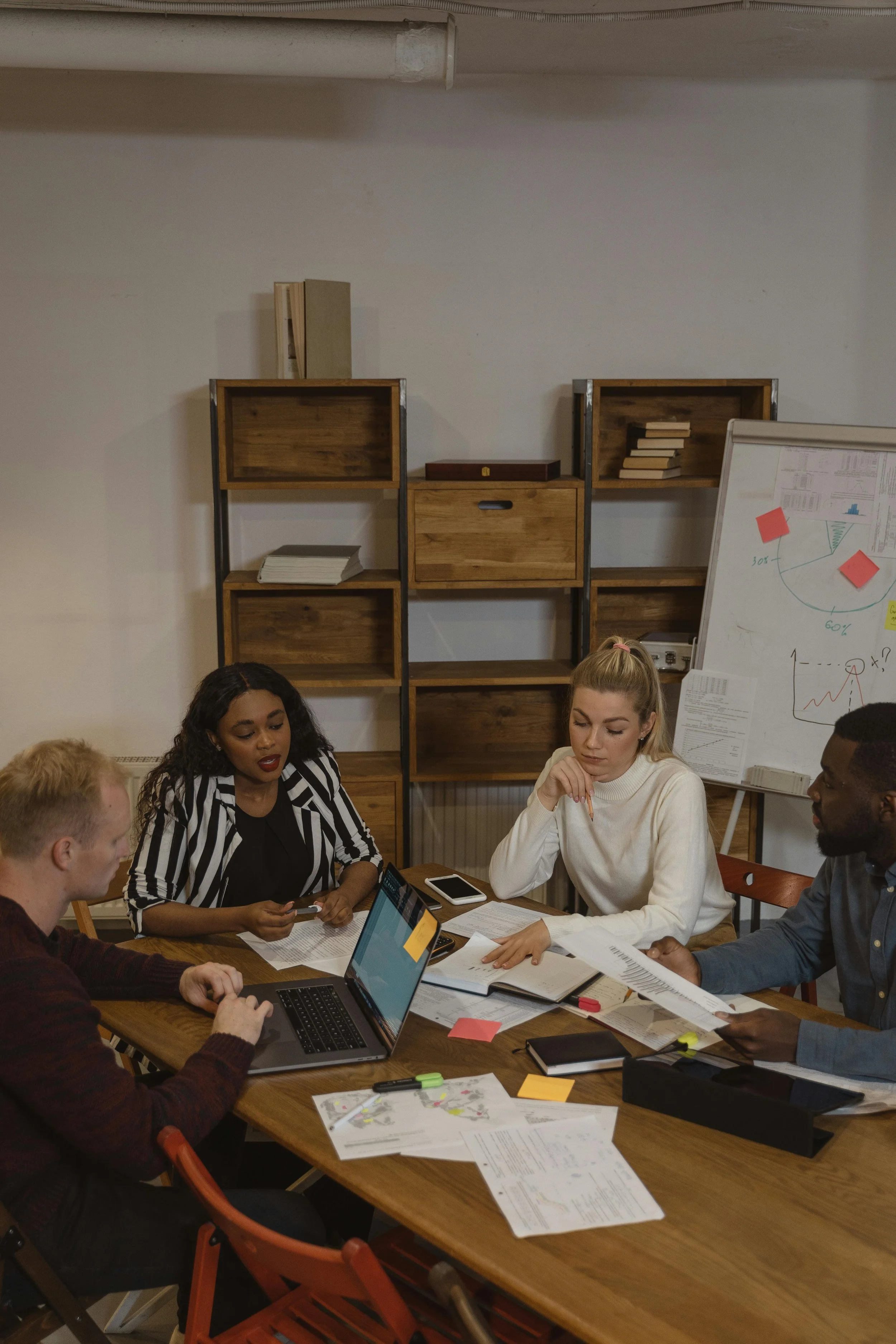 Multi-racial group of people of different genders sitting around a table working on a project together