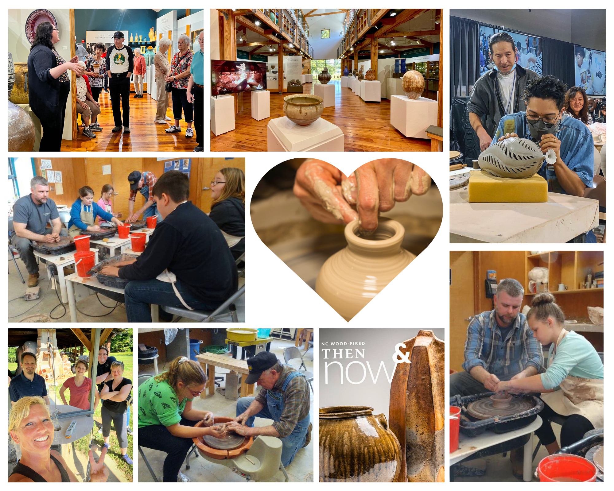 Collage of NC Pottery Center events, activities, and exhibits.