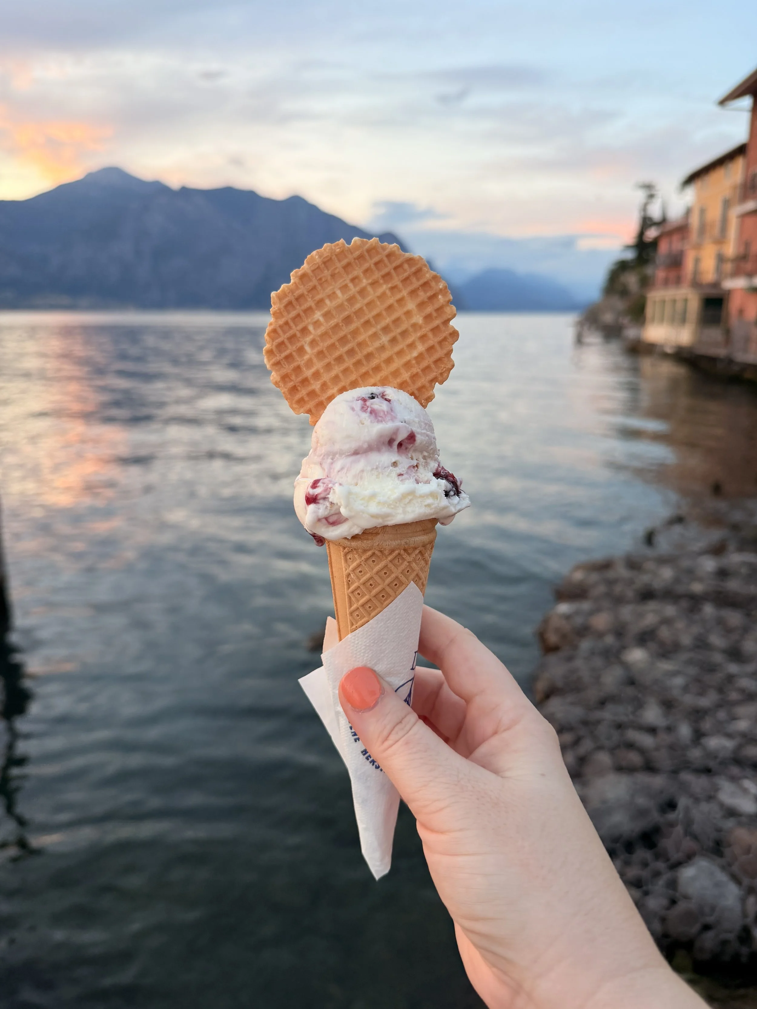 Gelato in a cone on Lake Garda in Malcesine, Italy